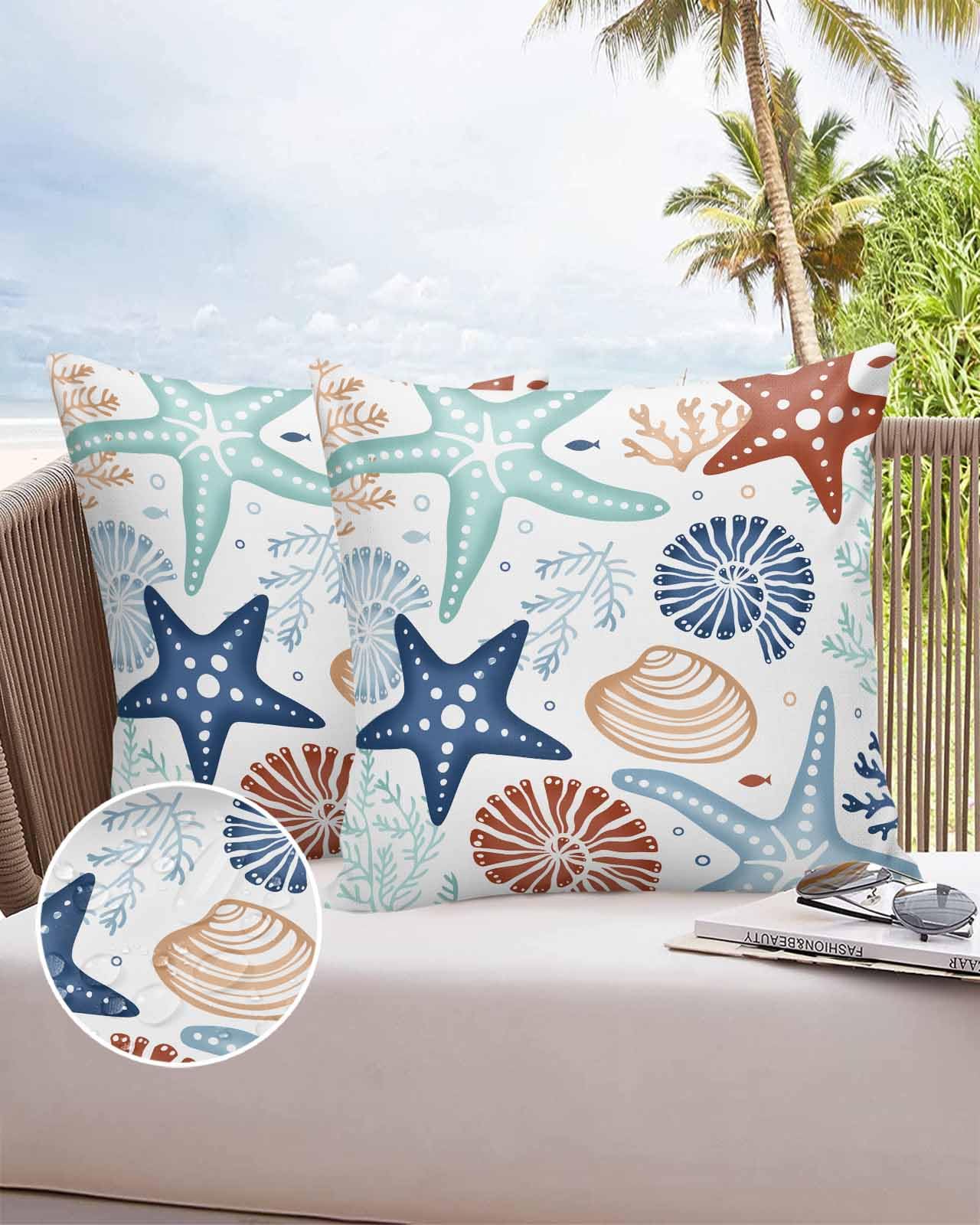 Outdoor Pillow Covers 24 x 24 in, Teal Blue Brown Starfish Coastal Waterproof Throw Pillow Cover Set of 2, Summer Nautical Coral Sea Home Decorative Square Cushion Covers for Patio/Couch/Garden