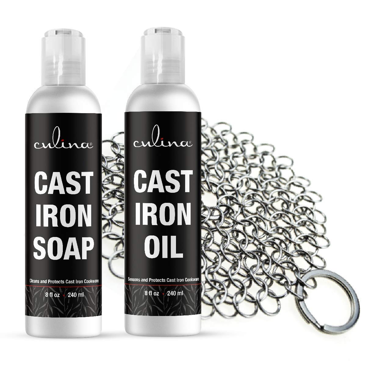 Culina Cast Iron Soap Set &amp; Conditioning Oil &amp; Stainless Scrubber | All Natural Ingredients | Best for Cleaning, Non-stick Cooking &amp; Restoring | for Cast Iron Cookware, Skillets, Pans &amp; Grills!…