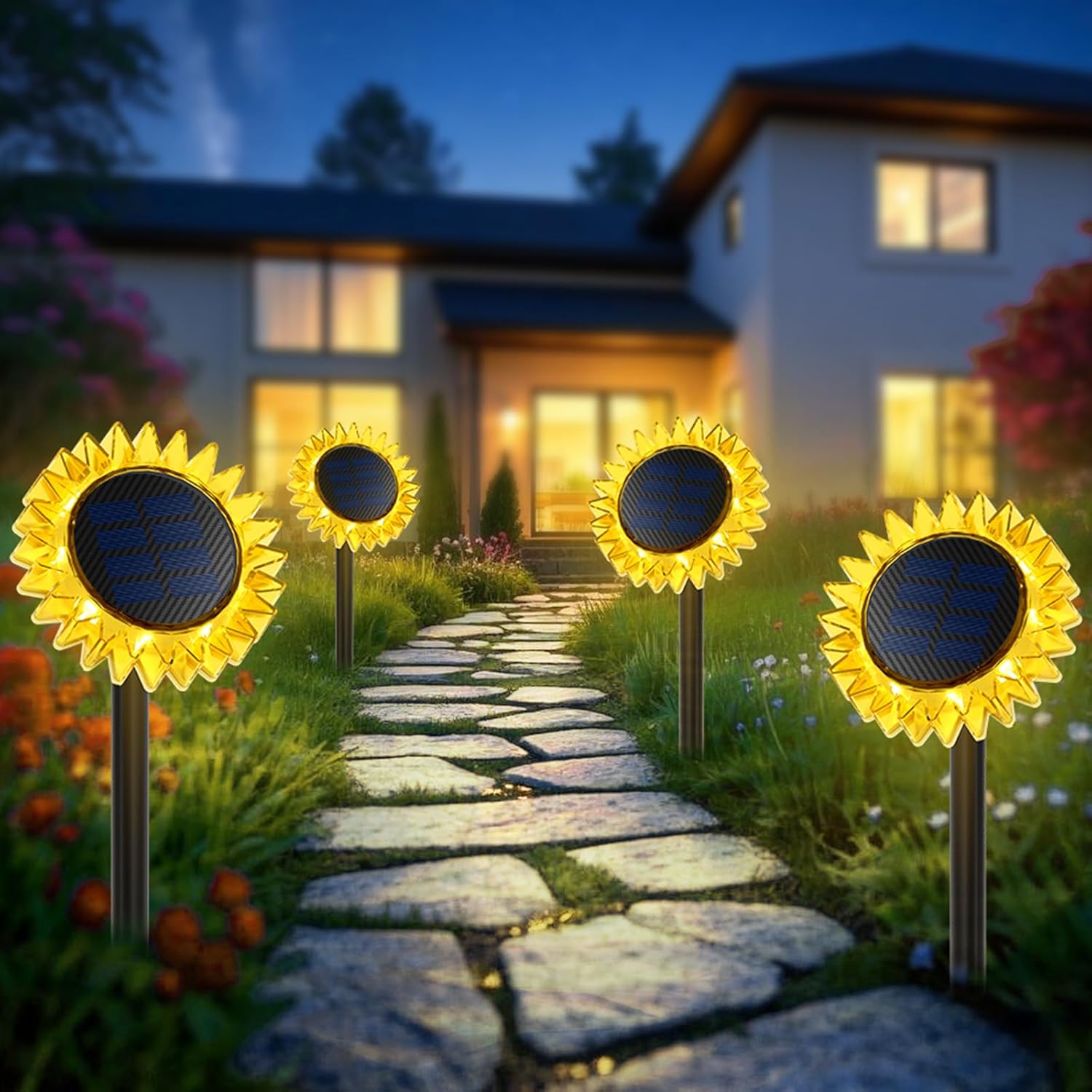 Outdoor Solar Lights, 4 Pack Led Solar Sunflower Lights, Stake/Wall 2-in-1 Waterproof Solar Garden Lights for Yard, Landscape, Fence, Patio, Driveway, Pathway, Backyard Decoration (Warm White) Yellow-Warm White 4pack