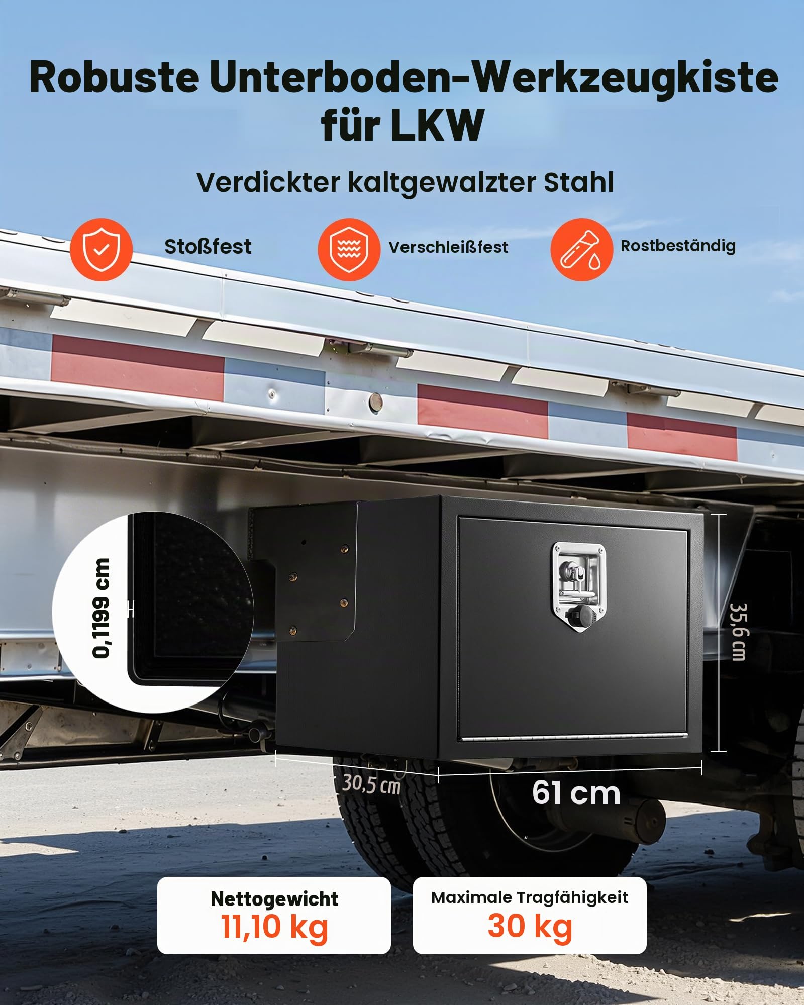 VEVOR Lkw Unterbaubox 609 x 305 x 356 mm Unterflur Staukasten Kaltgewalzter Stahl Wasserdichter Werkzeugkasten mit T-Griff Schloss für Lkw Anhänger Transporter Werkzeugkiste Unterflurkasten Schwarz