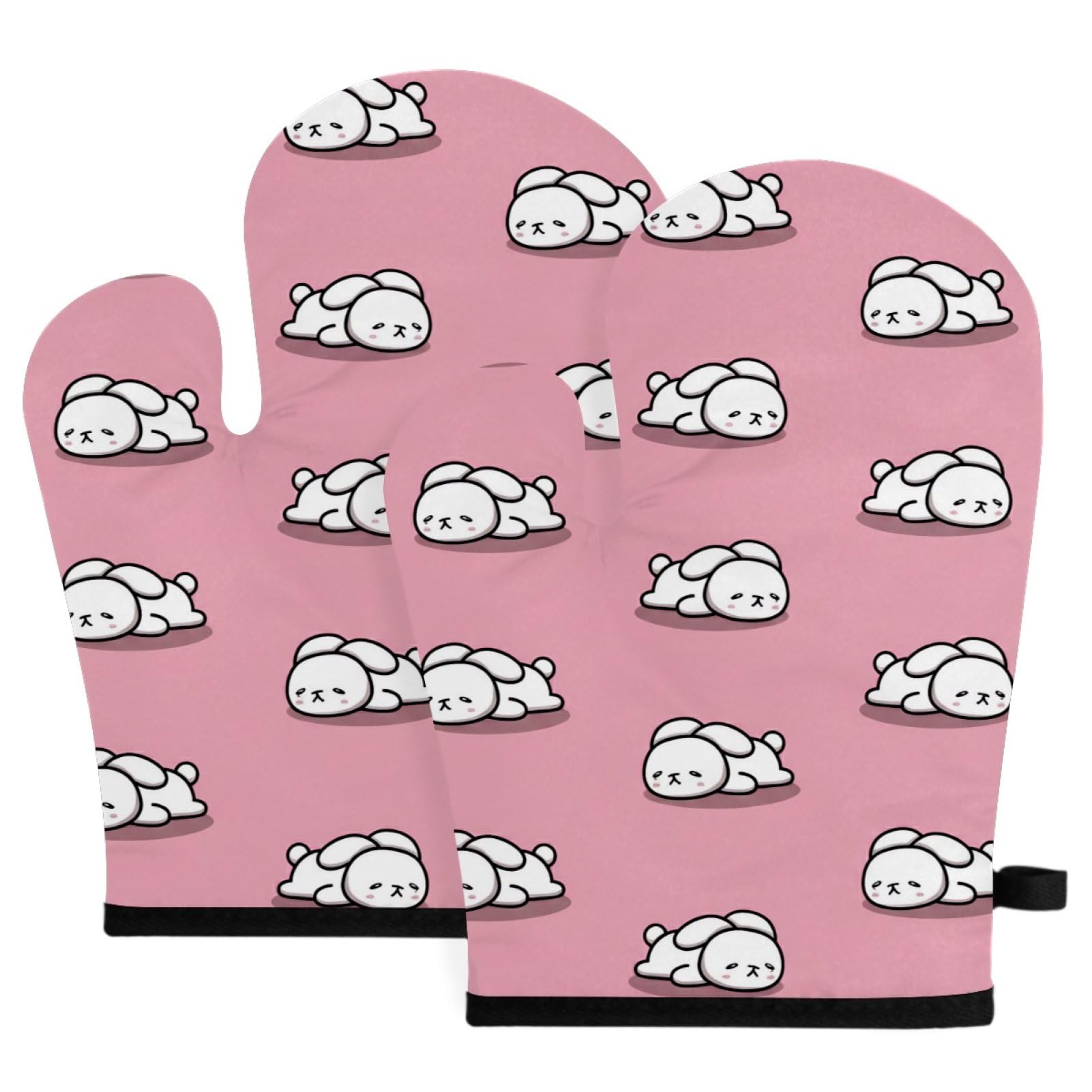 Kitchen Oven Mitts Heat Resistant 2-Pack, Cute Pink and Rabbit Oven Gloves with Soft Lining, Ideal for Cooking, Baking, Grilling, Kitchen Essentials