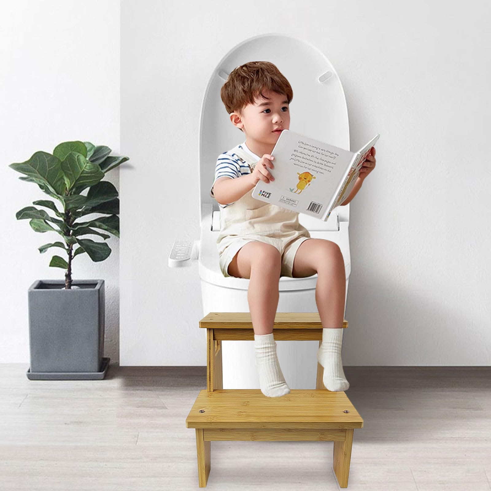 Gradino Legno, con 2 Gradini, Maniglia e Tappetino Antiscivolo, Sicuro e Stabile, Superficie Liscia e Priva di Bave, Adatto a Bagni, Cucine e Camere Dei Bambini