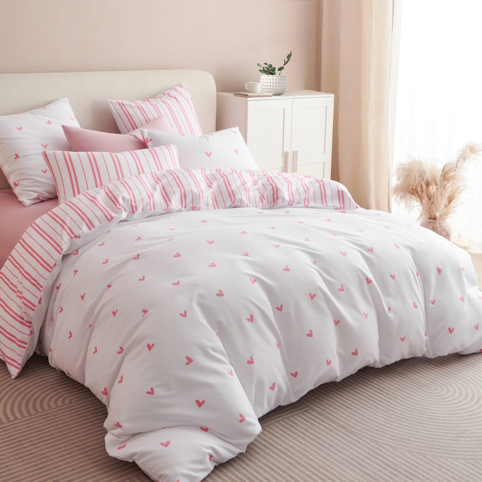Housse De Couette 220x240cm + 2 Taies 65x65cm Freyamy Coeurs Rouge Blanc - Microfibre Douce
