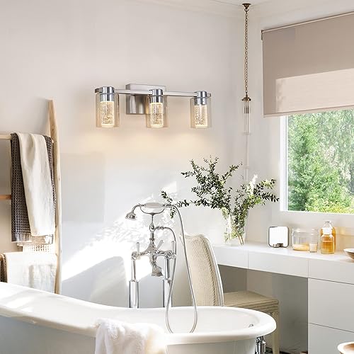Miniatura 3 de Eatich Lámpara de tocador de baño de 3 luces de níquel cepillado, lámparas de baño sobre el espejo, luces LED de cristal regulables con cristal de