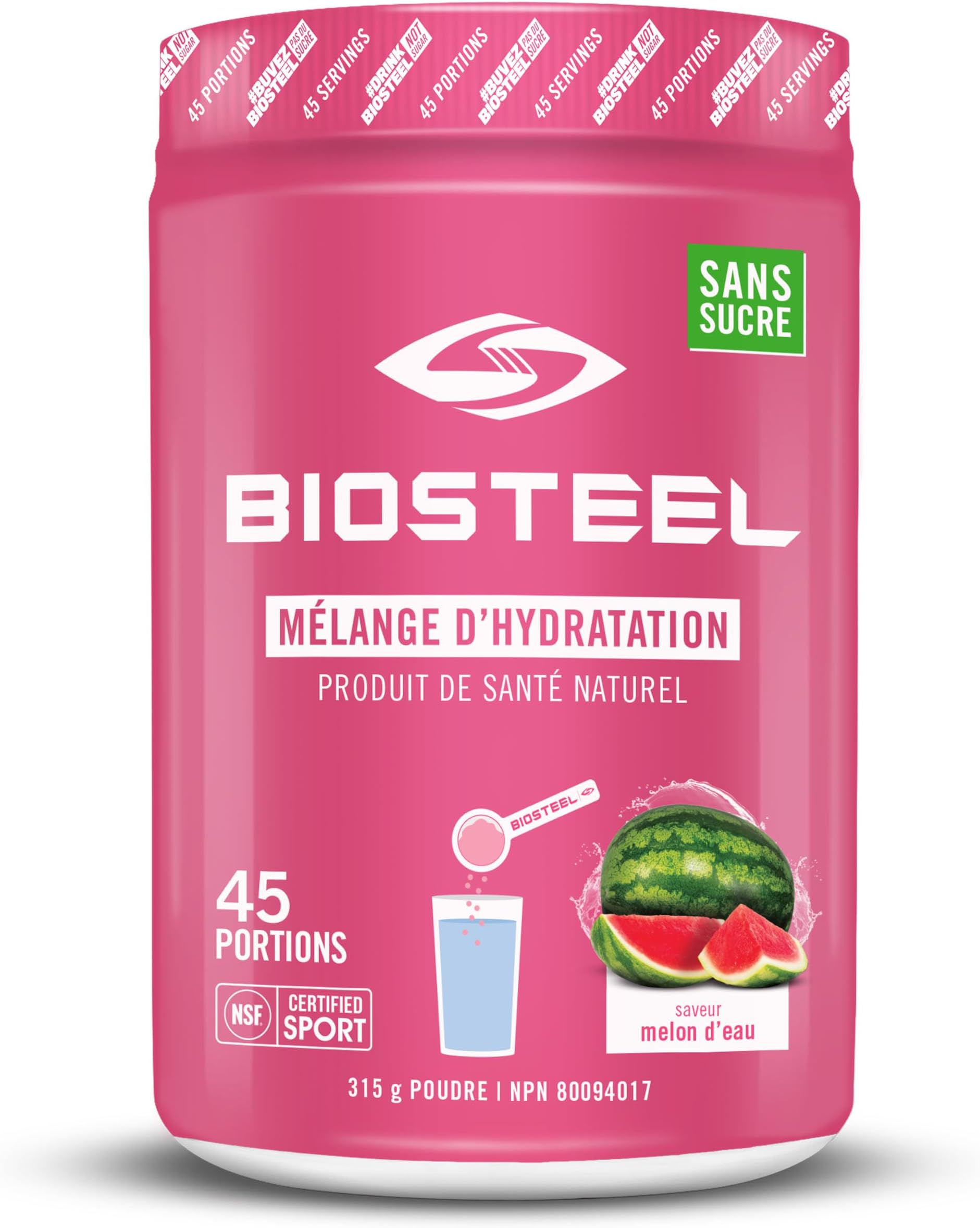 BioSteel Zero Sugar Hydration Mix, Great Tasting Hydration with 5 Essential Electrolytes, Watermelon, 45 Servings per Tub