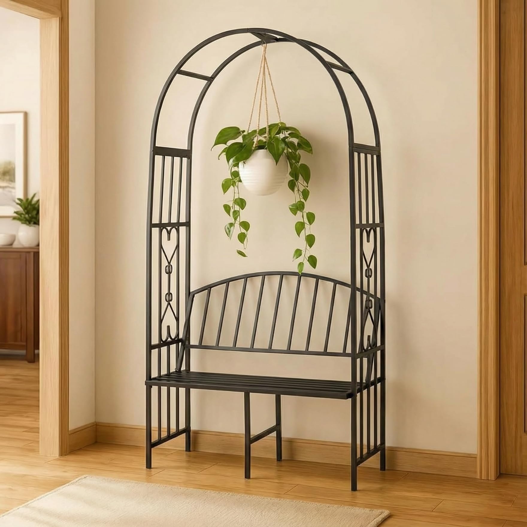 ecofynd 6.6 Feet High x 3 Feet Wide Garden Arch with 2-Seater Bench, Metal Arbor Trellis for Climbing Plant with Outdoor Garden Chair, Backdrop Stand for Wedding Lawn Backyard Party Decor (GC001-BLK)-picture-10