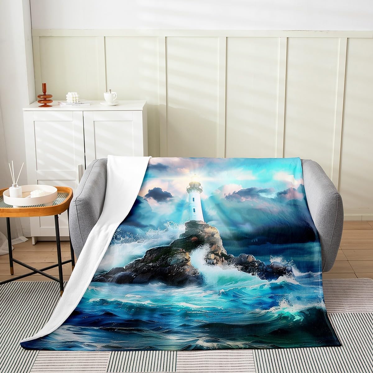 Lighthouse Fleece Blanket,Watercolor Blue Sky Ocean Waves Paint Bed Blanket for Kids Teens,Nautical Adventure Theme Flannel Blanket for Room Decor,Queen 90"x90"