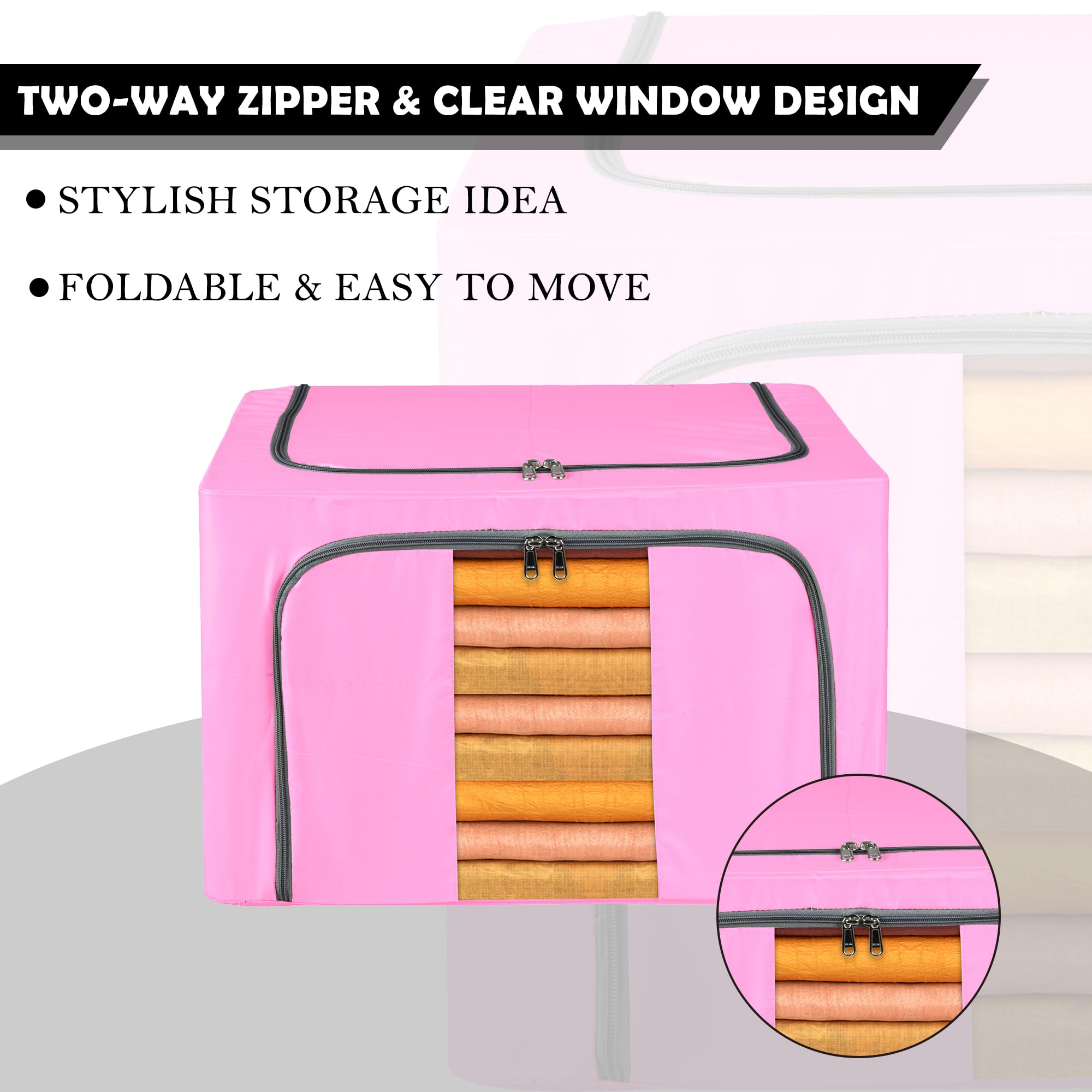 Kuber Industries 2 Stück Aufbewahrungsbox aus Stoff | Faltbarer Kleiderschrank Organizer für Kleidung | Stahlrahmen Kleidung Organizer | Deckenbox | 66 Liter | Rosa