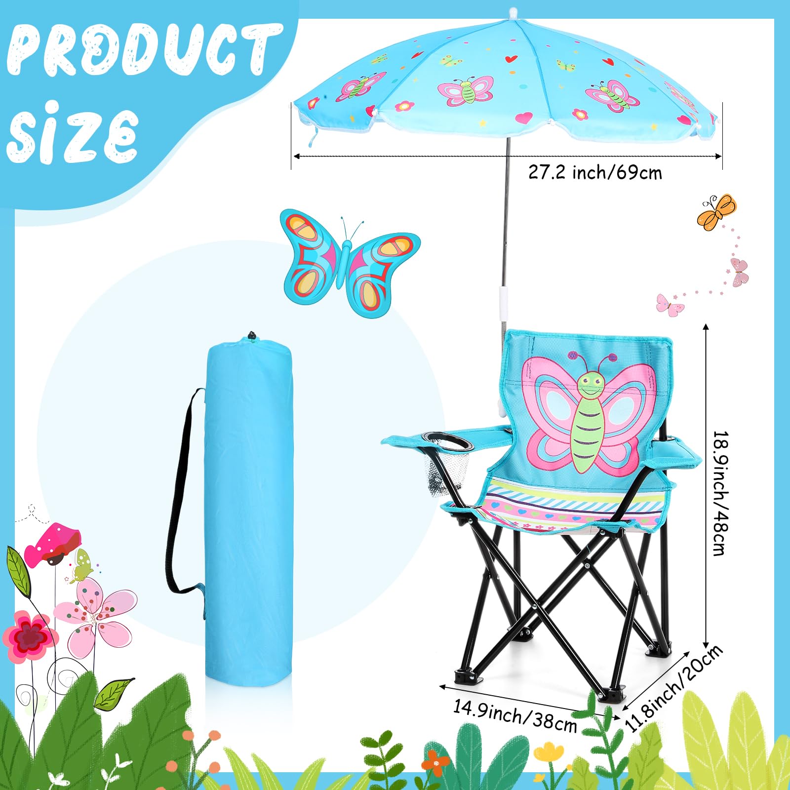 Burbell 1 Set Kids Beach Chair with Umbrella Child Folding Chair Umbrella with Universal Clamp for Children Beach Camping Patio Garden Outdoor Lawn Pool Travel Indoor (Butterfly) : Patio, Lawn &