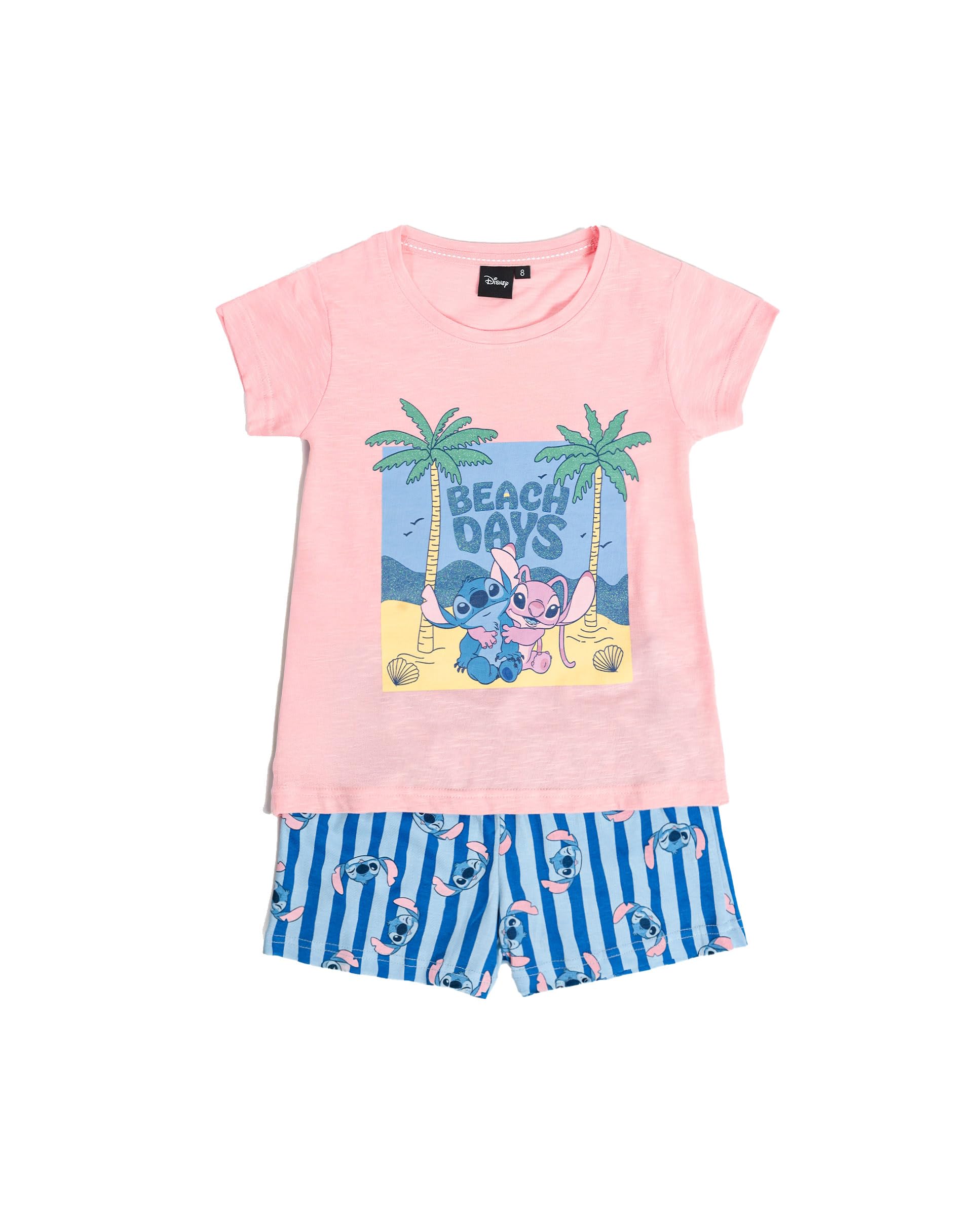 Disney Pijama niña Verano 100% algodón - Pijama Manga Corta Stitch Waves para niña – pantalón Corto con Cinturilla elástica Estampado – Tejido Suave al Tacto, Rosa - Talla 8 años