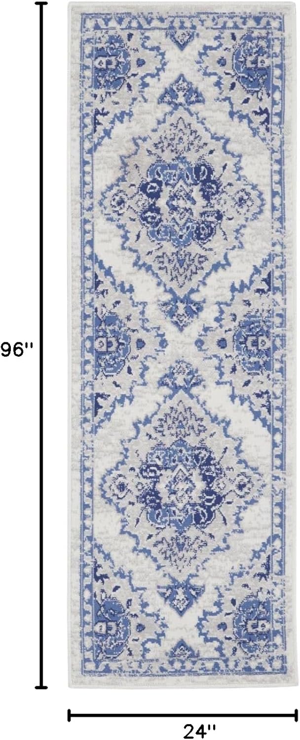 Nourison Home Whimsicle Ivory Blue 2' x 8' Area Rug - Easy Clean, Non Shedding, Bed Room, Living Room, Dining Room, Kitchen (8' Runner)