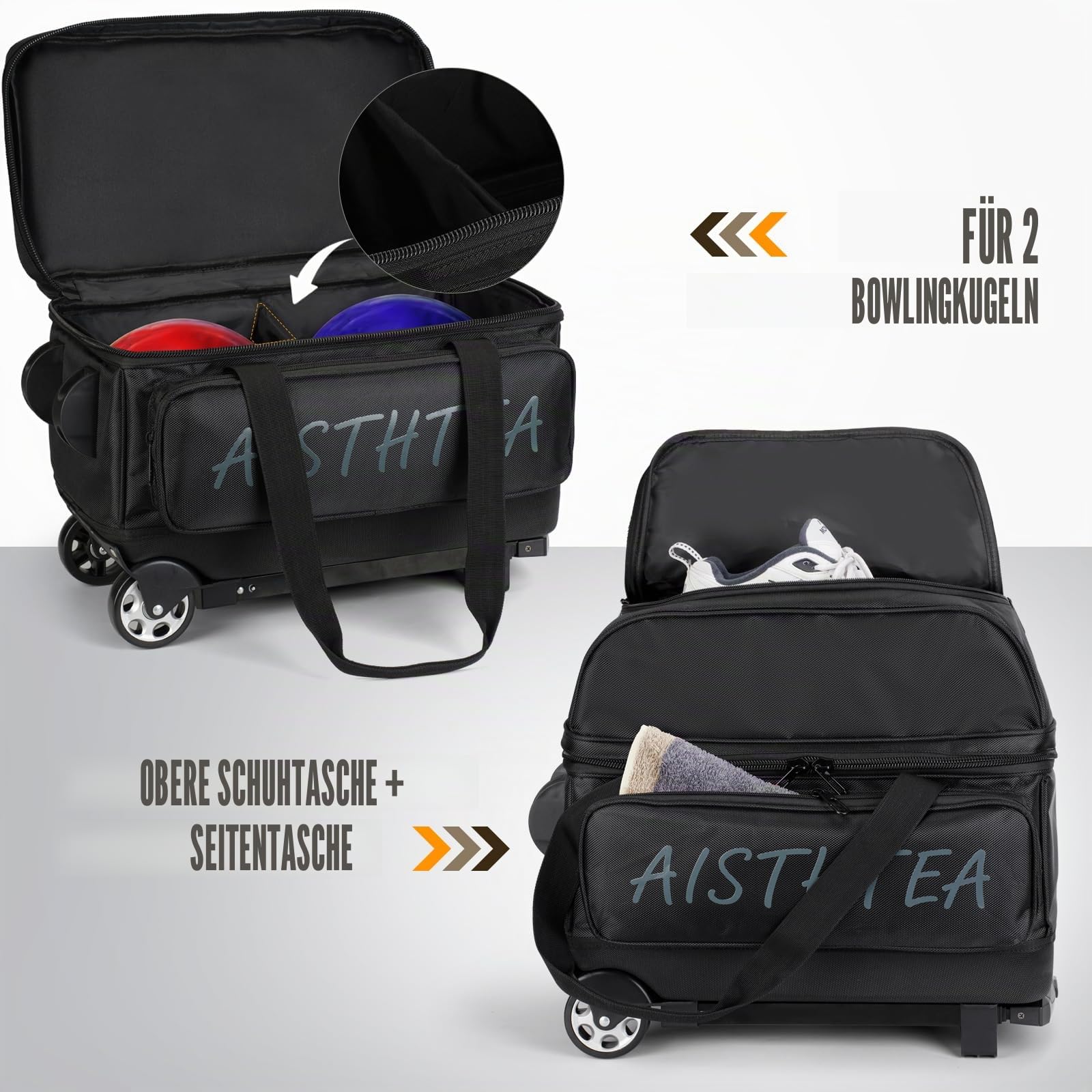 Aisthtea 2-3 Ball Bowling Bag with Wheels, Rolling Trolley Bowling Bags with Large Separate Shoe Compartment and Oversized Accessory Pocket