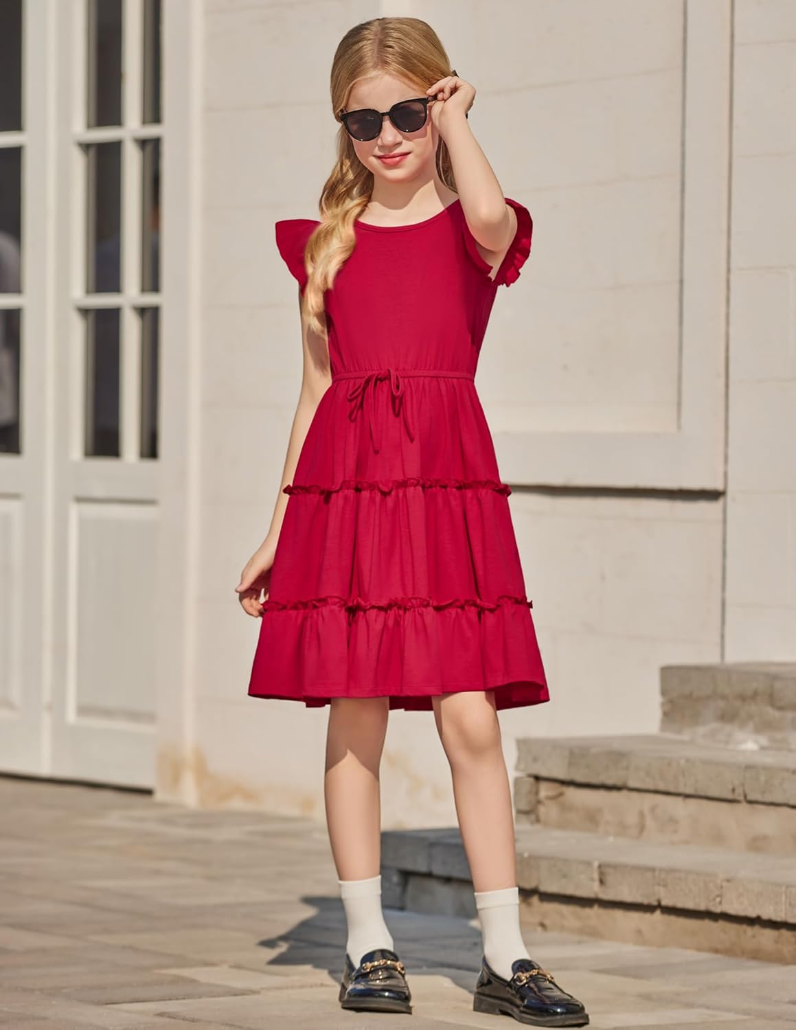 Arshiner Girl's Summer Dress Ruffle Sleeve Tiered Casual Party Dresses with Pockets 5-12 Years - Image 5