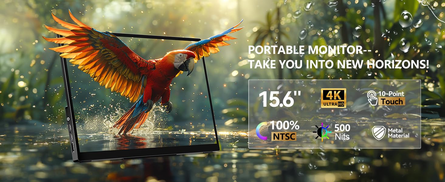 Przenośny monitor dotykowy 4K, 15,6 cala 3840 x 2160 UHD z monitorem laptopa USB-C HDMI, 2000:1 100% RGB IPS, powłoka ze stopu aluminium, 10-punktowy dotyk, podwójny głośnik, HDR, do domu, pracy