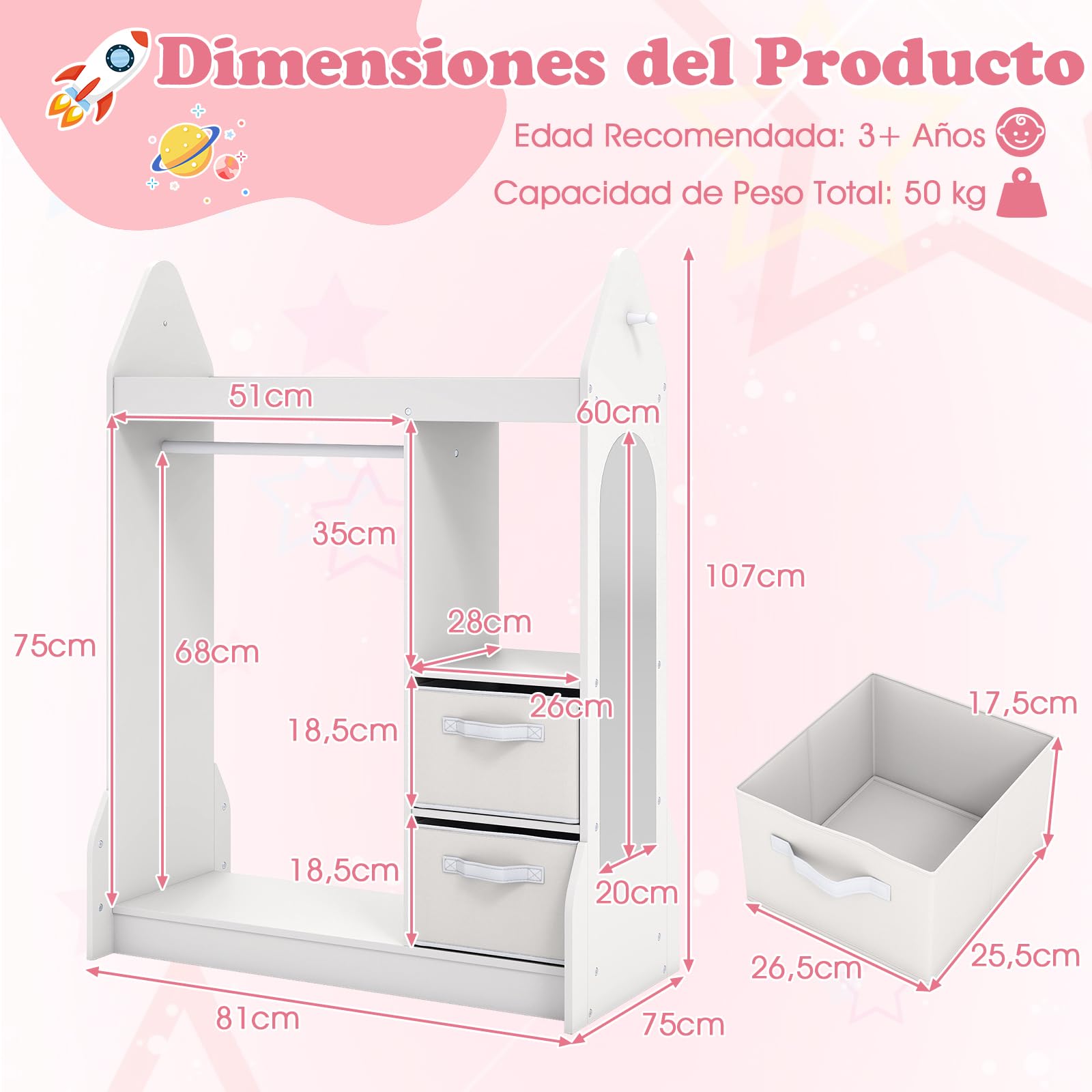 COSTWAY Armario de Almacenamiento Infantil con Espejo Acrílico y Perchero, Blanco
