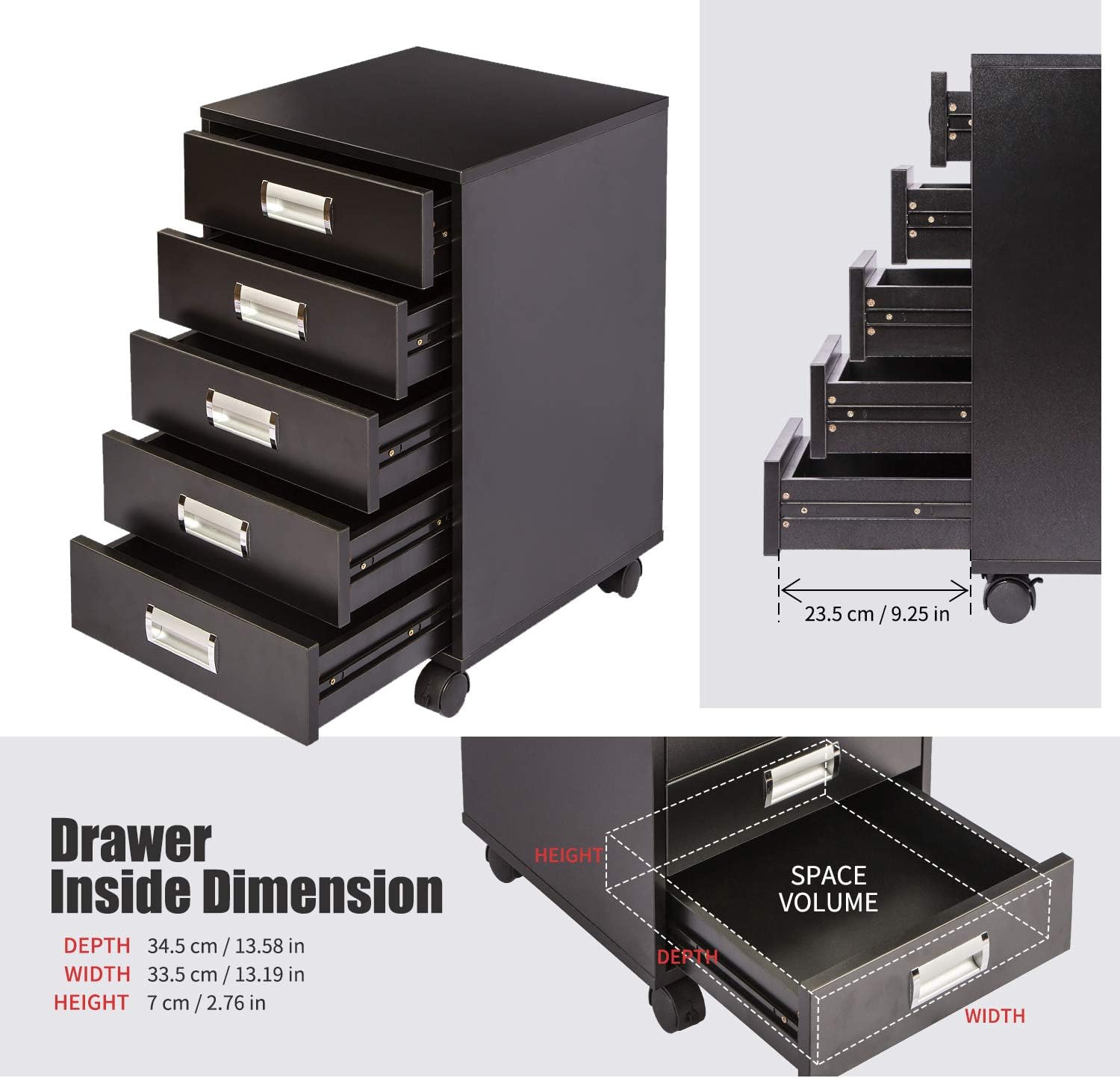 TOPSKY 5 Drawer Mobile Cabinet Fully Assembled Except Casters Built-in Handle (Black)