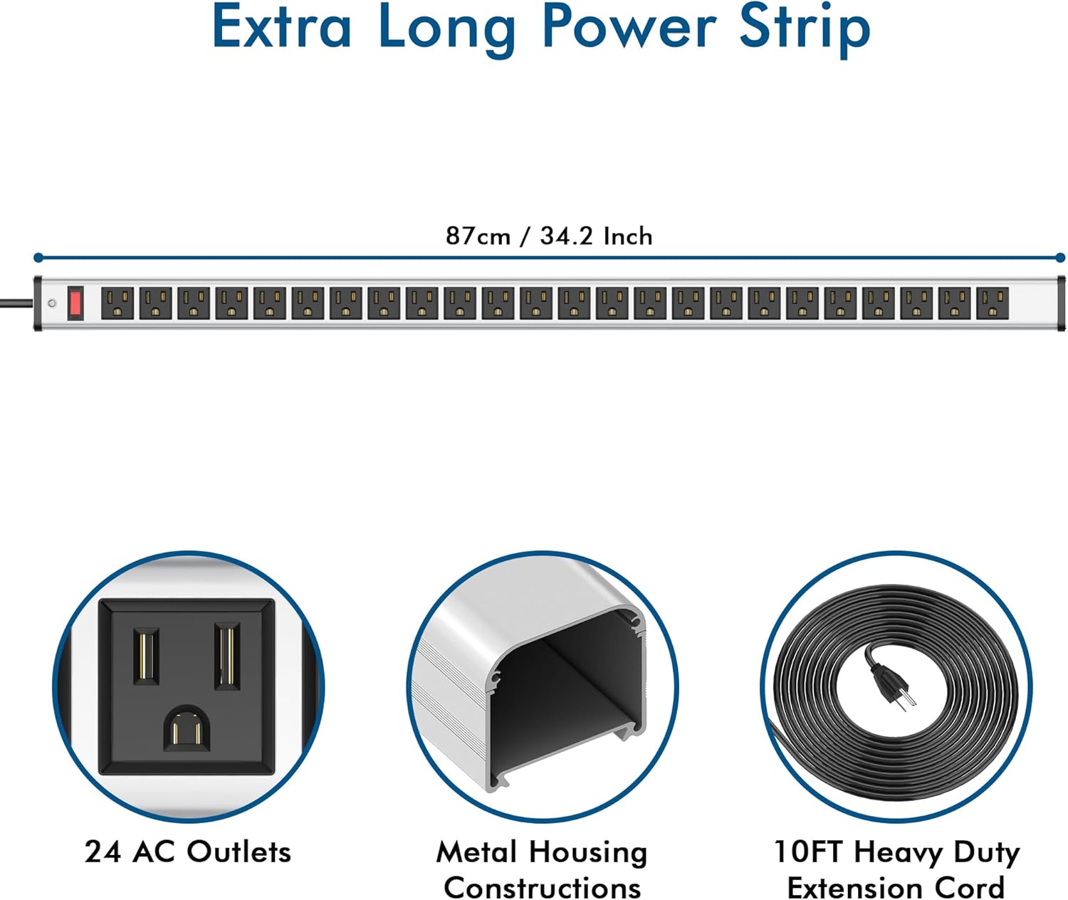BTU Long Heavy Duty Power Strip 24 Outlet Large Metal Power Strips Garage Workshop Commercial Industrial Power Strips with Circuit Breaker.10FT Cord 15A 125V 1875W (Silver)
