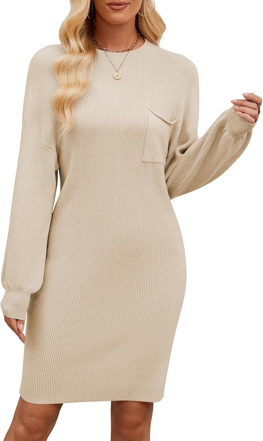 Women 2024 Fall Winter Crewneck Long Sleeve Oversized Sweater Dress Knit Pullover Short Dresses with Pocket