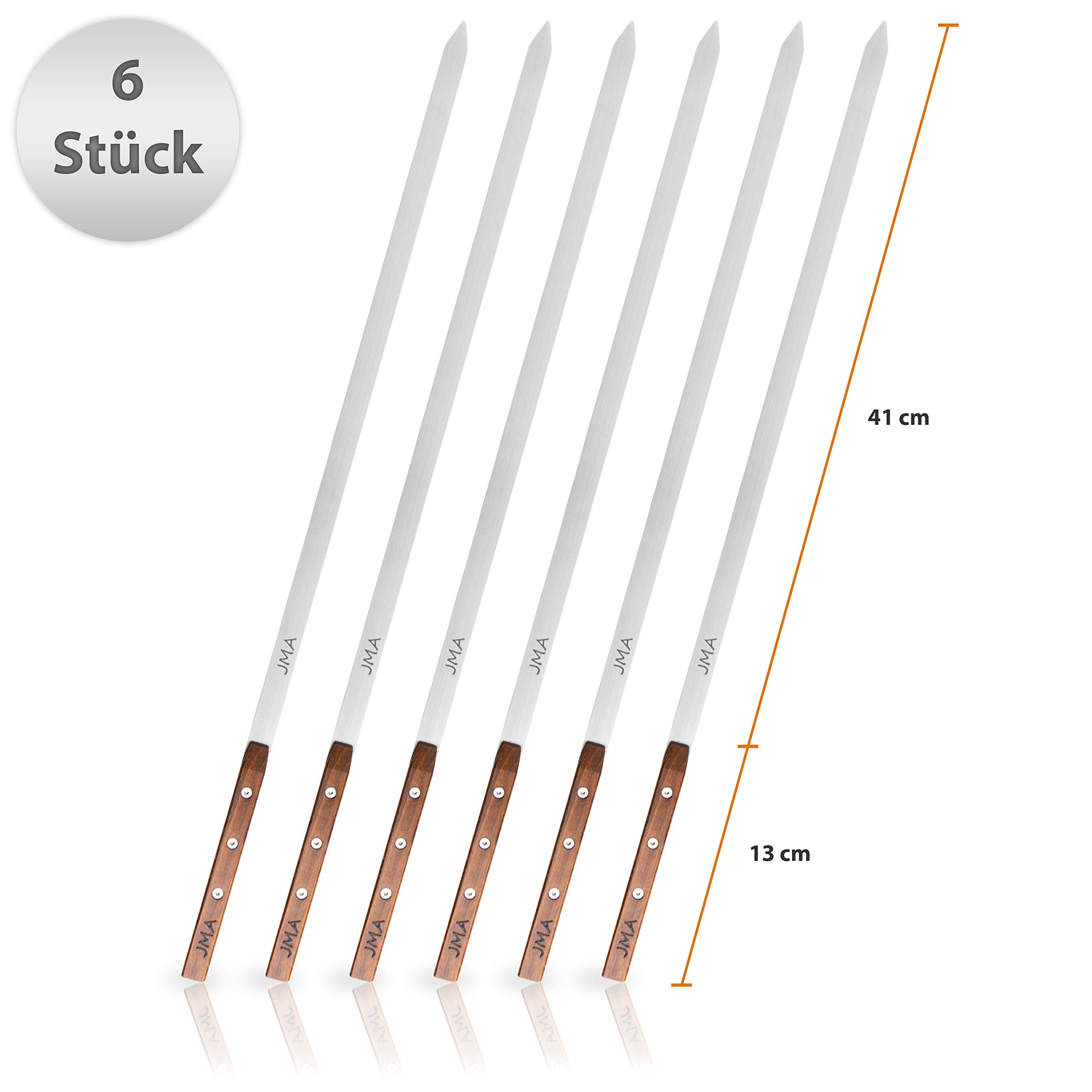 JMA® Spiedini da barbecue Noble (6 pezzi) in acciaio inox - ideale per l'uomo - Spiedini extra lunghi per il barbecue (53 cm) - Manico in legno di faggio - Fatto a mano in Germania