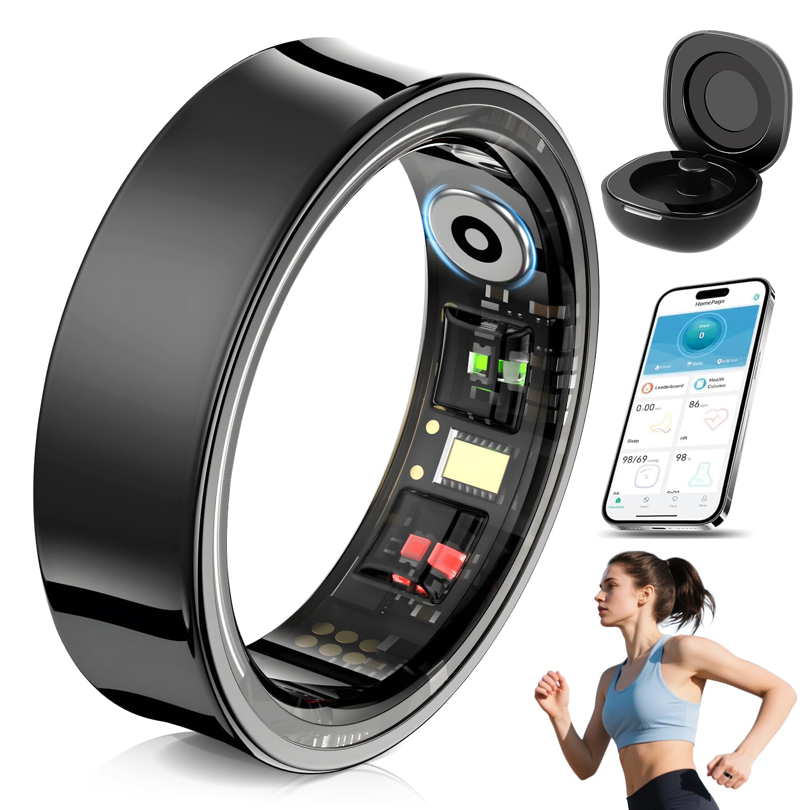 Anello intelligente per iOS/Android, anello fitness AI con cardiofrequenzimetro, misurazione della saturazione di ossigeno nel sangue, anello smart per Android iOS, impermeabile (taglia 11