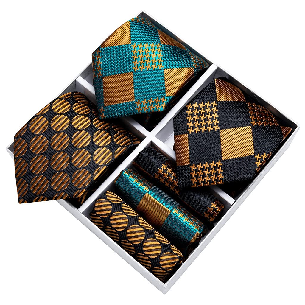 Caja de Regalo Conjunto de Corbata para Hombre Boda Formal Negocios Paquete de 3 Corbata para Hombre en Negro, Dorado y Verde, Gemelos y pañuelo