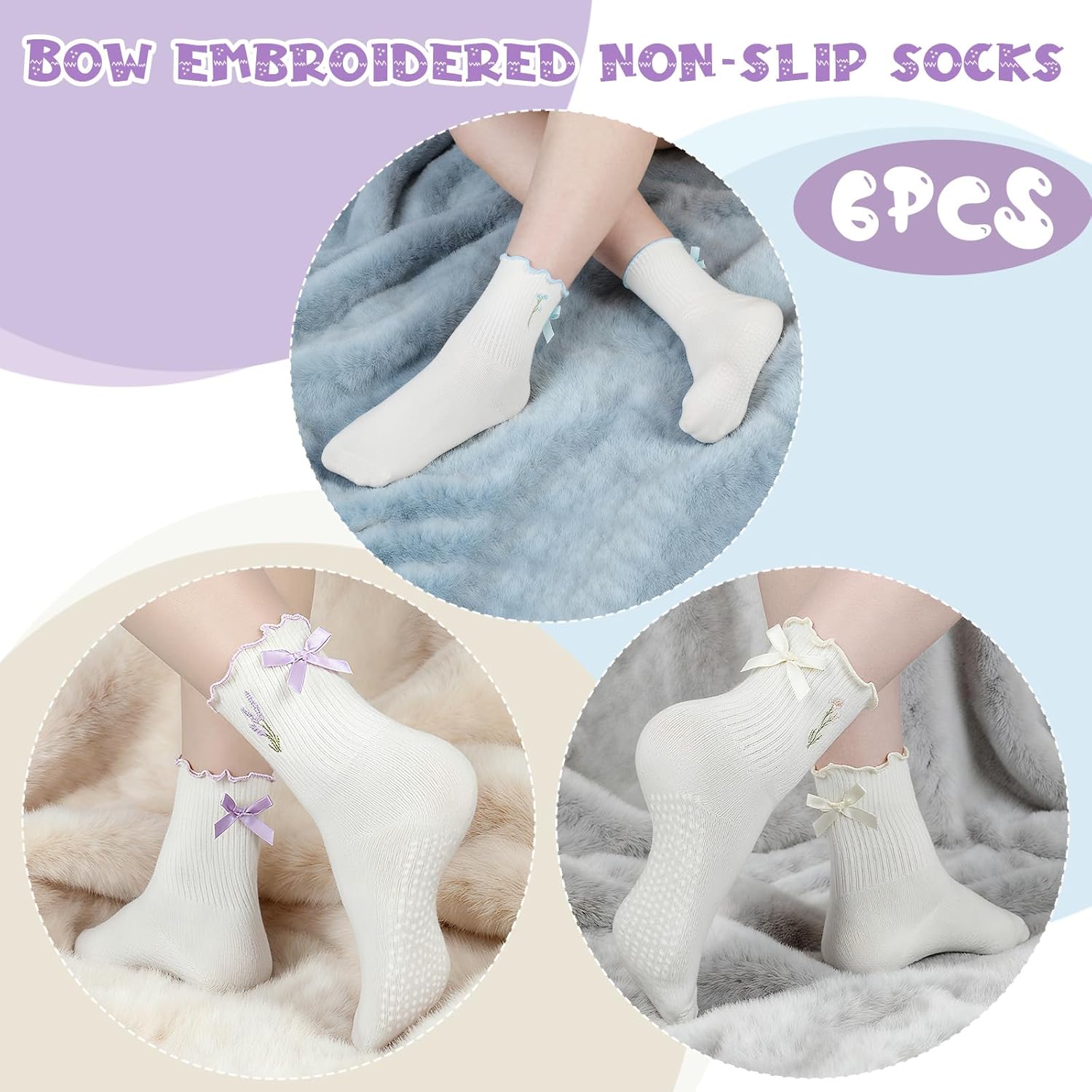 Jeyiour 6 Pairs Cute Pilates Socks with Grip White Pilates Bows Non Slip Ruffle Embroidered Socks for Yoga Barre Barefoot Workout - Image 2