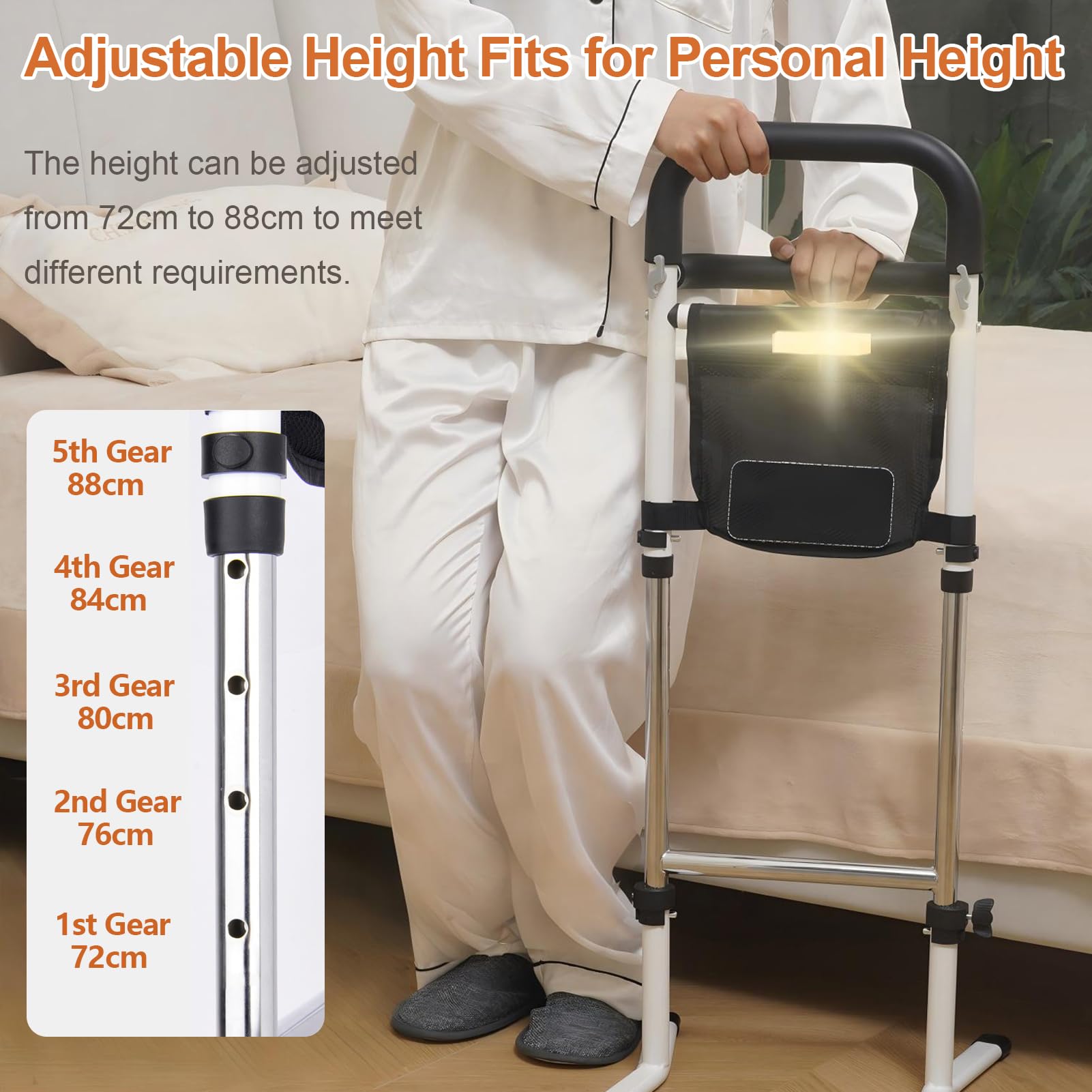 Aide à la Marche pour Personnes Âgées, Hauteur Réglable sur 5 Niveaux, Aide à la Verticalisation pour Lit/Canapé/Toilettes, avec Poche et Capteur Lumineux, Capacité de Charge Maximale 150 kg
