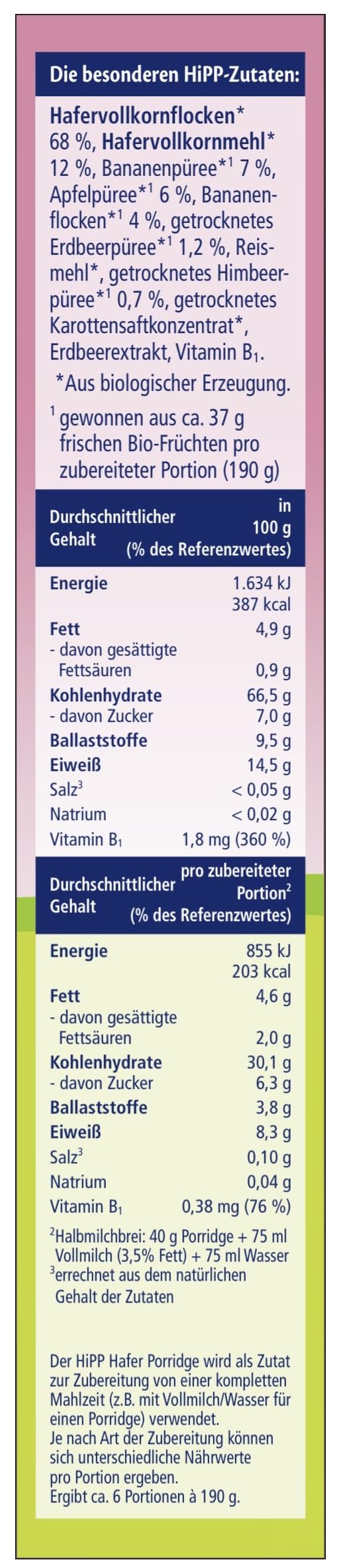 HiPP Bio Müesl Porridge Hafer Erdbeere-Himbeere (6 x 250g), ab 8. Monat, mit Bio-Hafer, Vitamin B1, ohne Zuckerzusatz, in bester Bio-Qualität