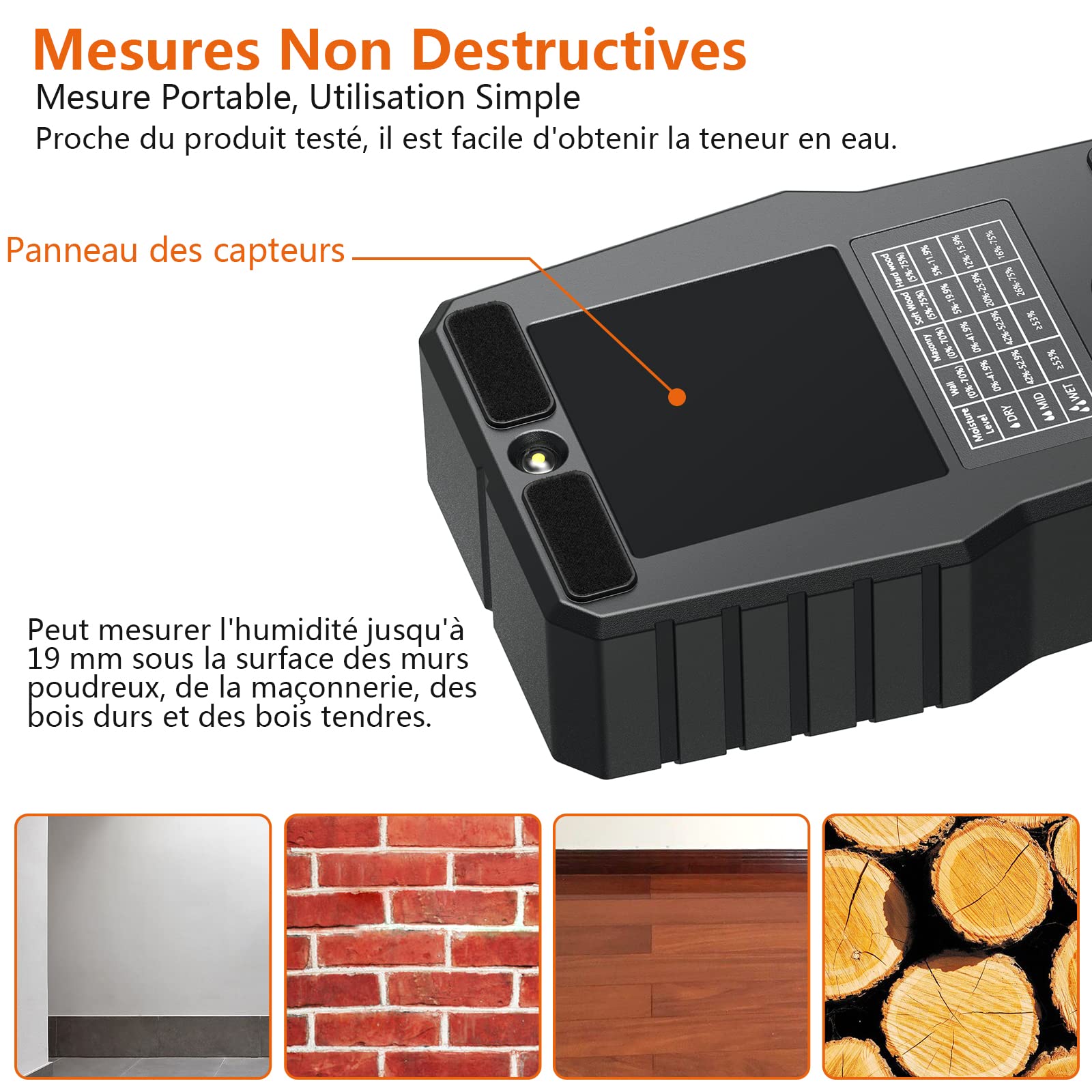 Proster Humidimètre Mur Non Destructif – Scanner d’Humidité de Surface Sans Broche, 4 Modes Mur/Bois/Maçonnerie, Écran Couleur, Profondeur 19 mm, pour Surfaces Planes Maison & Rénovation