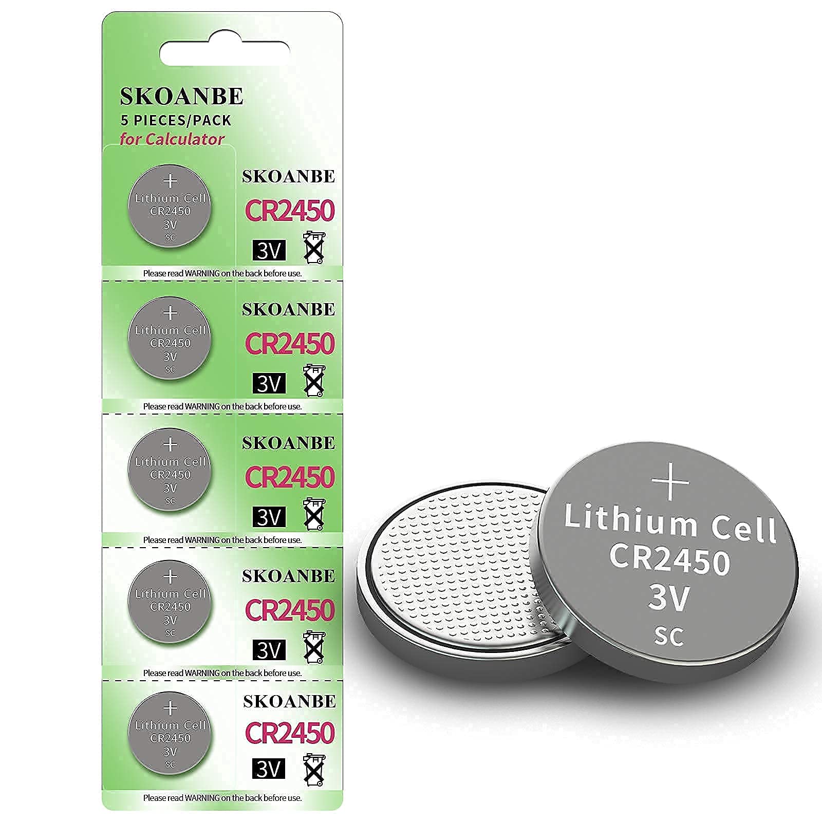 SKOANBE 5 Pack CR2450, Long-Lasting & High Capacity,3V Lithium Battery for Car Key Remote Control