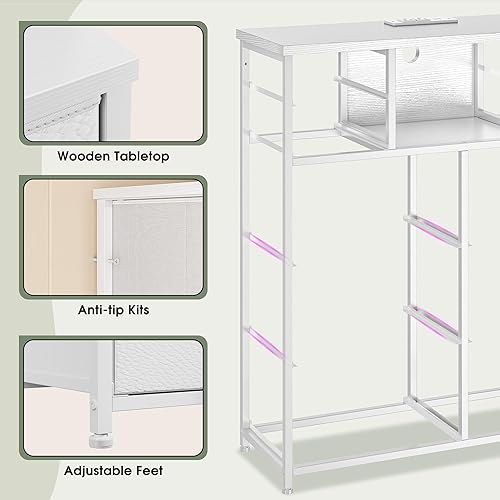 Miniatura 8 de Cómoda blanca para dormitorio con 10 cajones con luz LED y toma de corriente, cómodas de tela y cómoda con estantes abiertos para pasillo, sala de