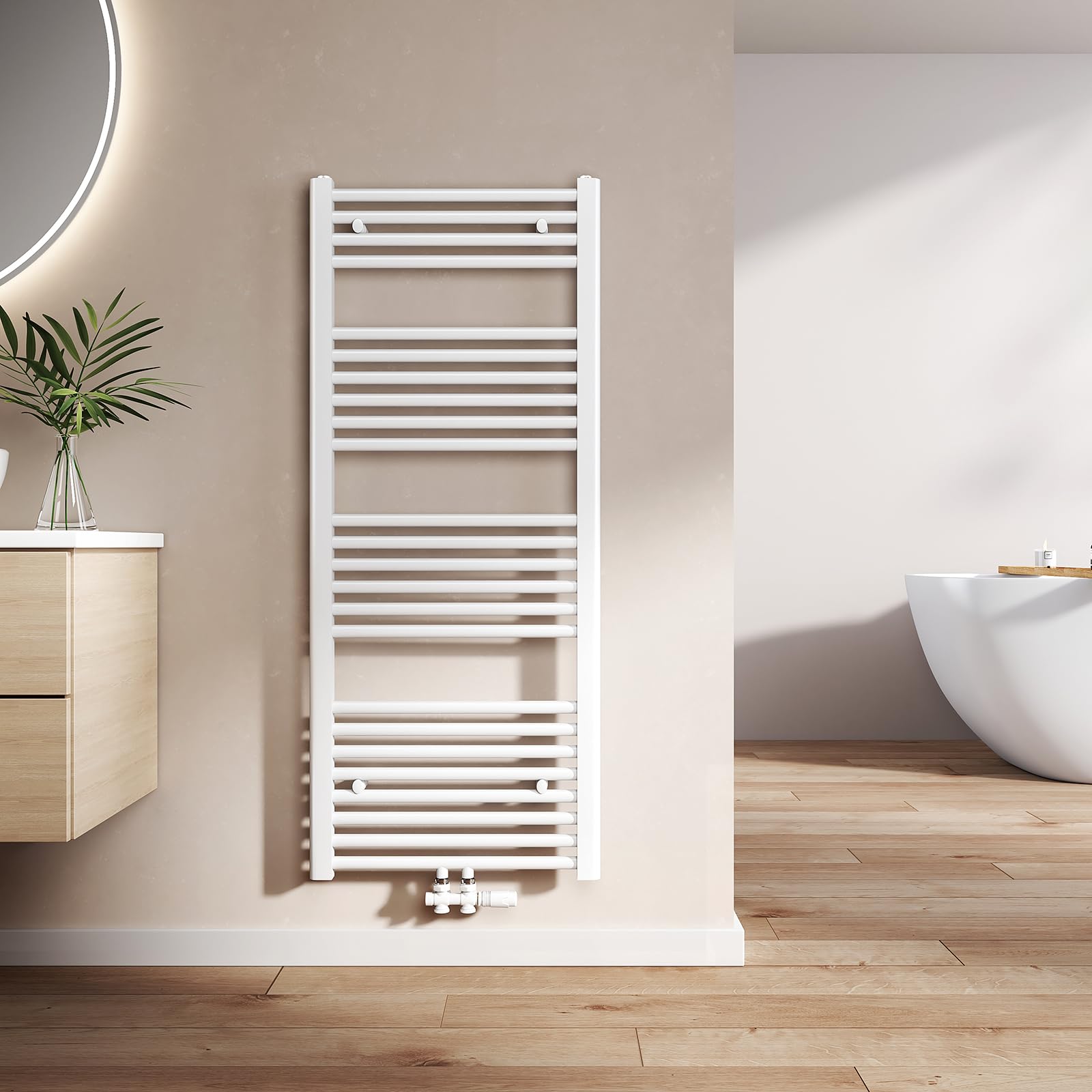 EMKE Scaldasalviette termoarredo, 120 x 50 cm, bianco colore, radiatore scaldasalviette ad acqua calda, termoarredo da bagno con collegamento centrale