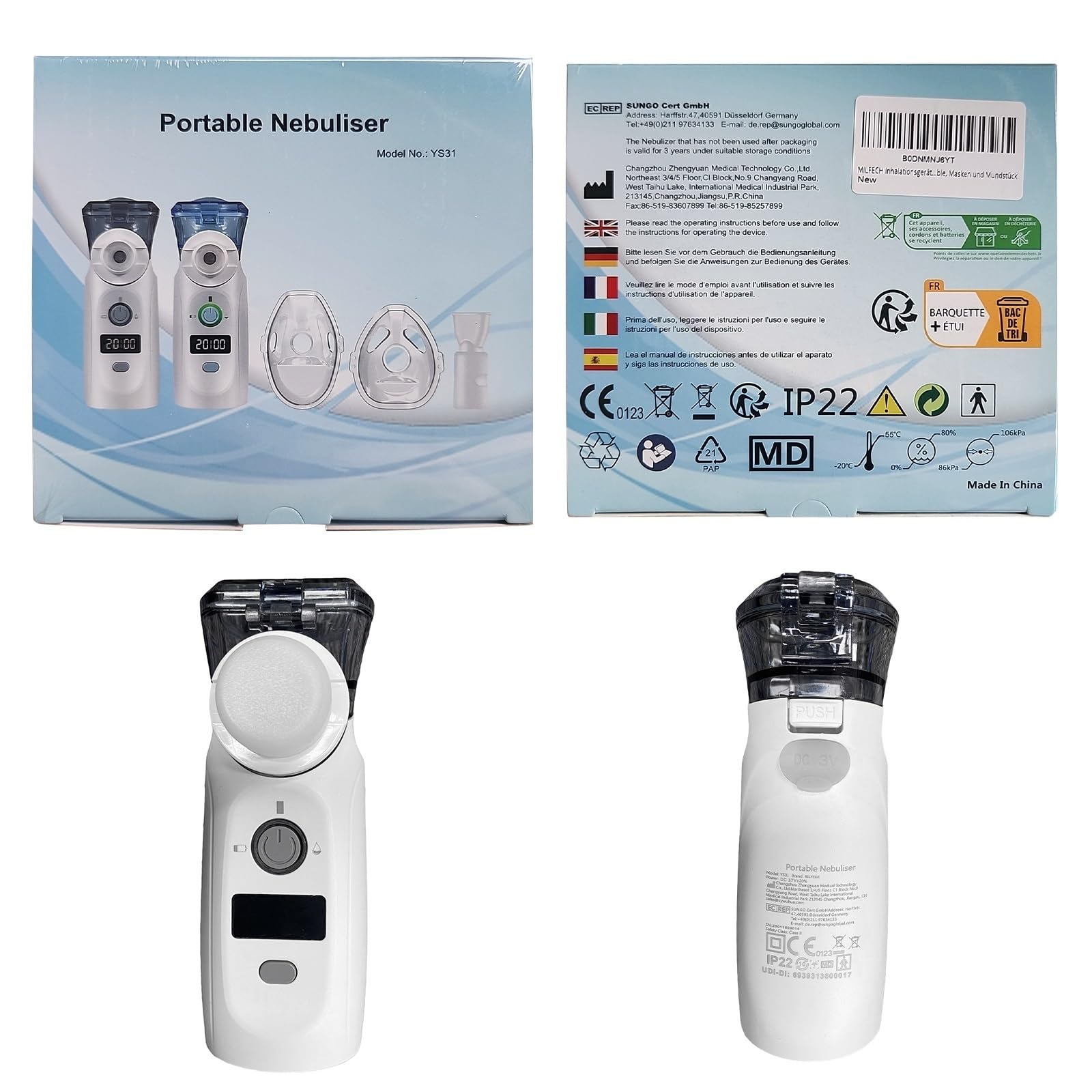 MILFECH Inhalationsgerät tragbar Vernebler Set Mit USB Wiederaufladbar, Timer und Display, inhalator verneble Masken und Mundstück für Kinder und Erwachsene (Grau)