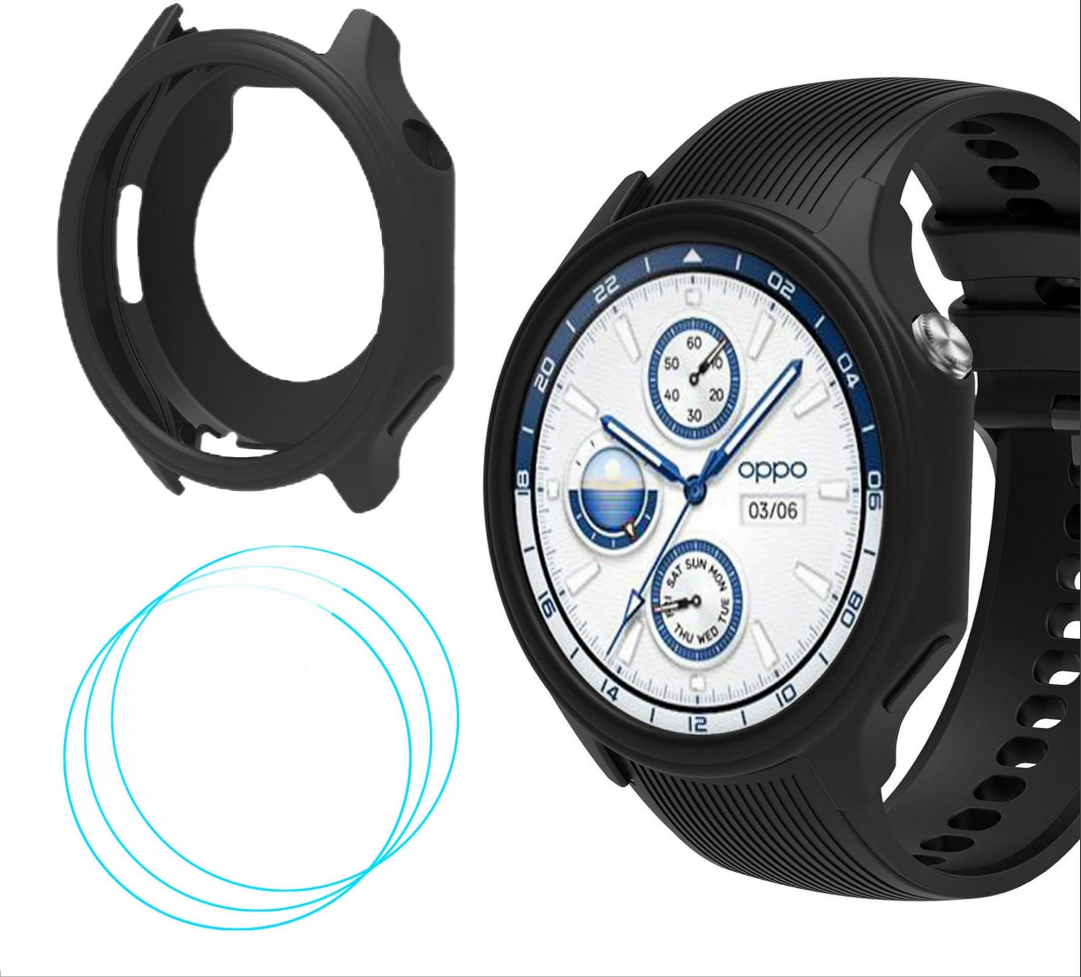 GIOPUEYSilicone Case Compatible with OnePlus Watch 2/OPPO Watch X, with 3 Pack Screen Protector Flim, Soft TPU Silicone Protective Case Cover, OnePlus Watch 2/OPPO Watch X Cover - Black