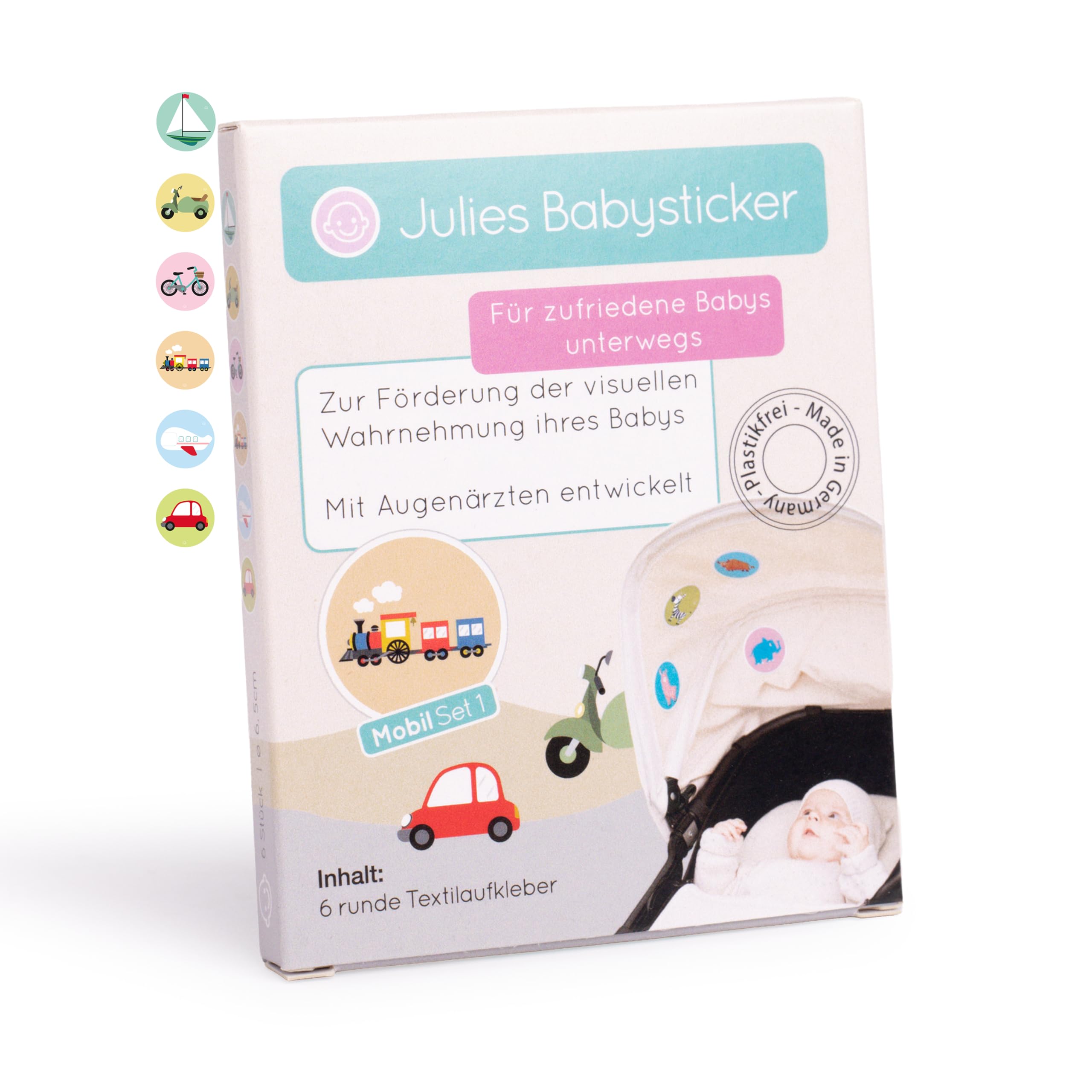 Julies Babysticker® 6 x Babysticker für Kinderwagen & Auto (ab 2-12 Monate) - Beruhigende Kontrast-Sticker - Textil-Aufkleber zur Förderung visueller Entwicklung (Made in Germany)