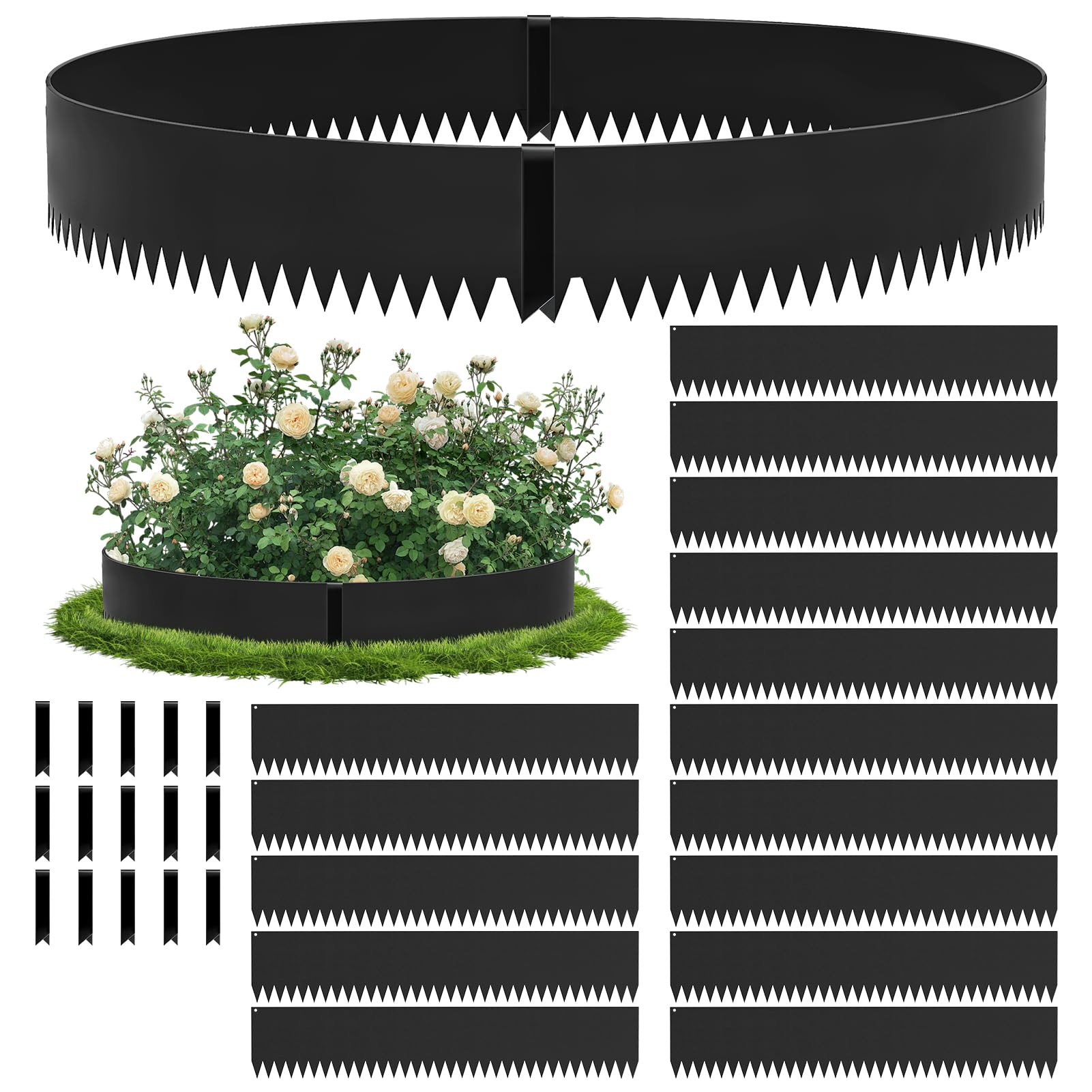 papasbox 15Pack Lawn Edging, 107.5*15cm garden edging border, Flexible Garden Edging, Corten Steel Heavy Duty LawnEdging, metal lawnedging-No-Dig Hammer-in-Black Grass Landscaping Pathway Edge Strip