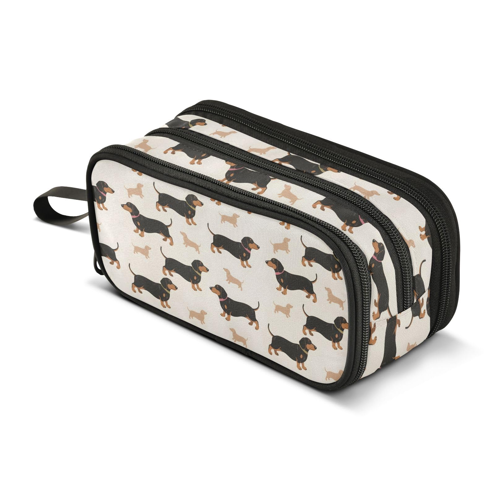 Dachshund Pattern Pencil Case 3 Compartment Pen Bag Pouch Holder Box School Portable Stationery Storage Bag for Girls Boys