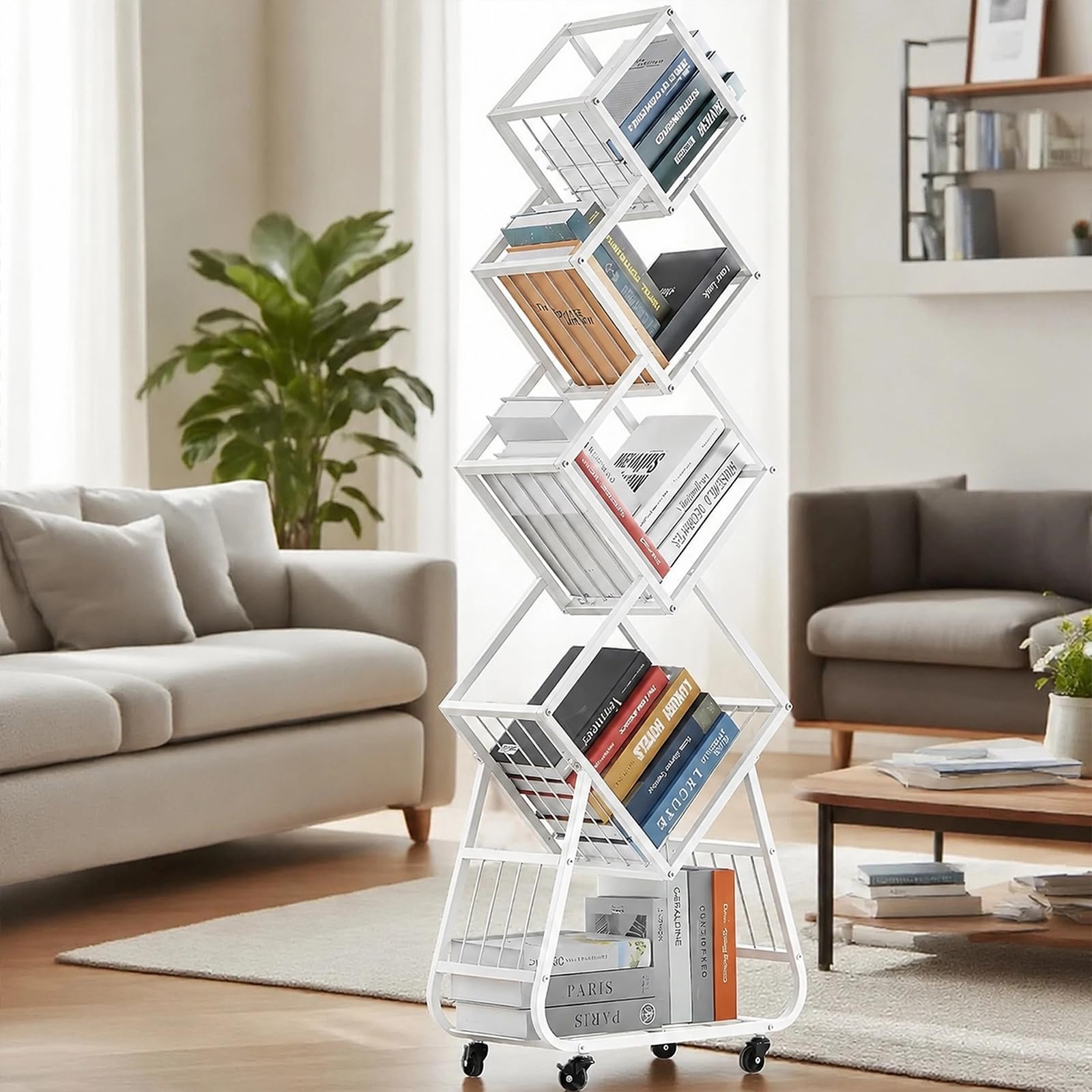 Bücherregal Drehbar Schwarz, Drehbares Bücherregal 5 Etagen, 360°Book Shelf, Bücherregal Mit Rollen, für Wohnzimmer Schlafzimmer Büro (Weiß)