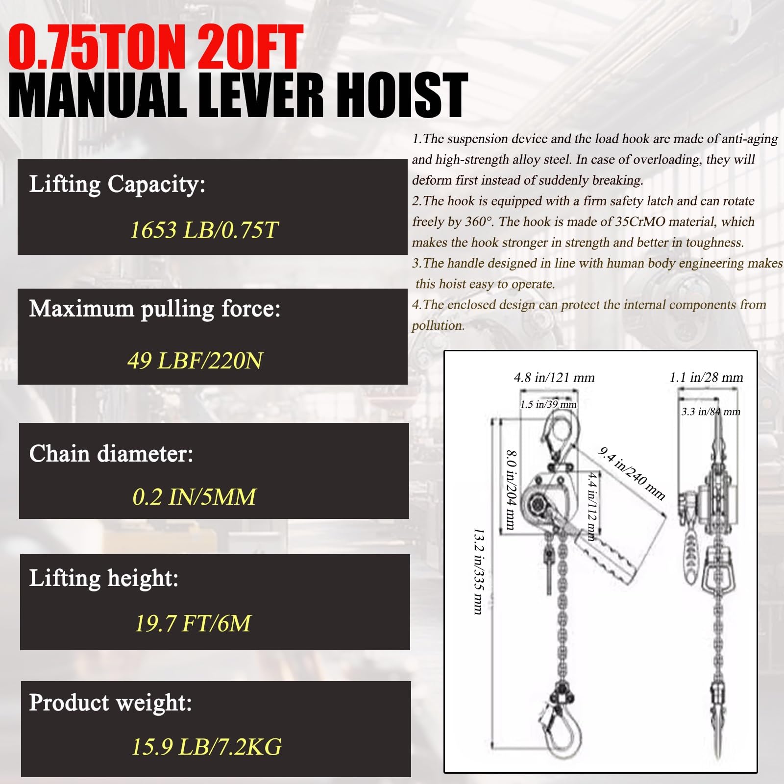 Mini-Kettenzug, Hebebühne Mit 2 Hochleistungshaken Und Einer G80-Kette, For Garagen, Lagerhäuser Und Kfz-Werkstätten(3/4ton-20ft)