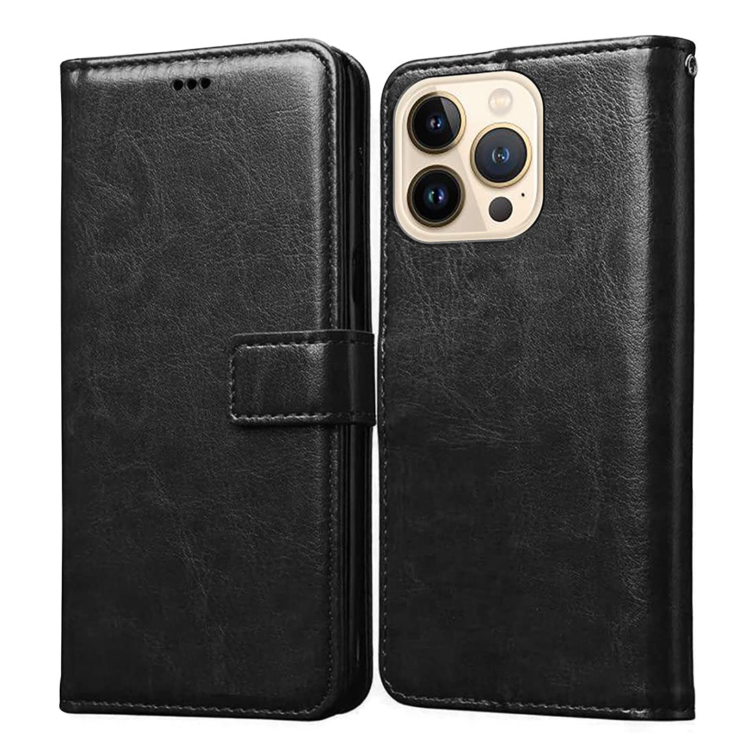 Casotec Flip Cover Compatible with Apple iPhone 13 Pro Max | Premium Leather Finish | Inbuilt Pockets & Stand | Flip Cover Back Case for Apple iPhone 13 Pro Max (Black)
