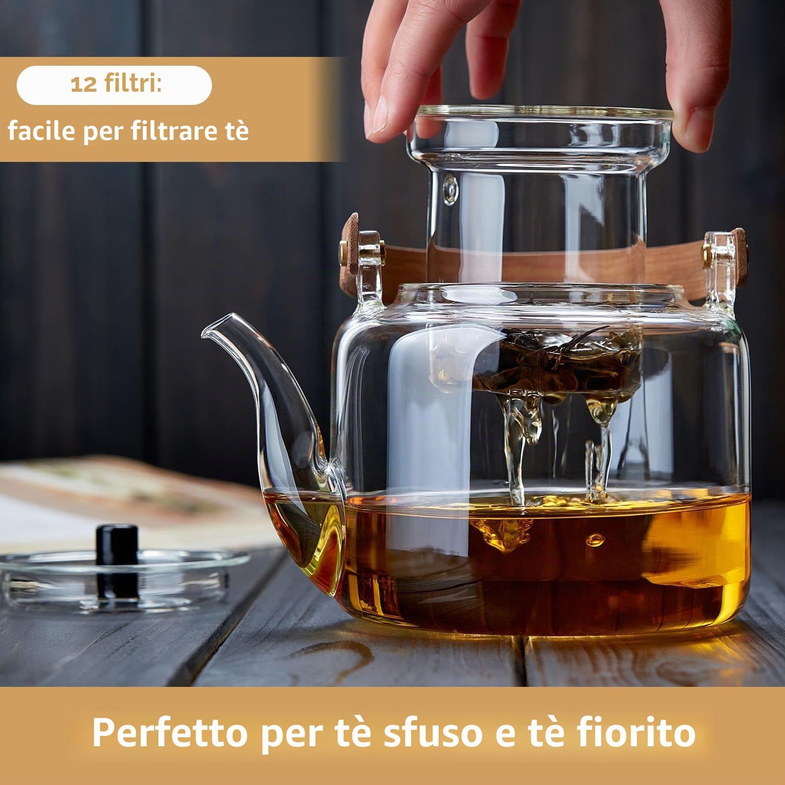 Set Teiera Vetro, MESNEY Teiera con Infusore 1100ml con 4 Tazza da Tè, Vetro Borosilicato, Adatta per Microonde e Piano Cottura