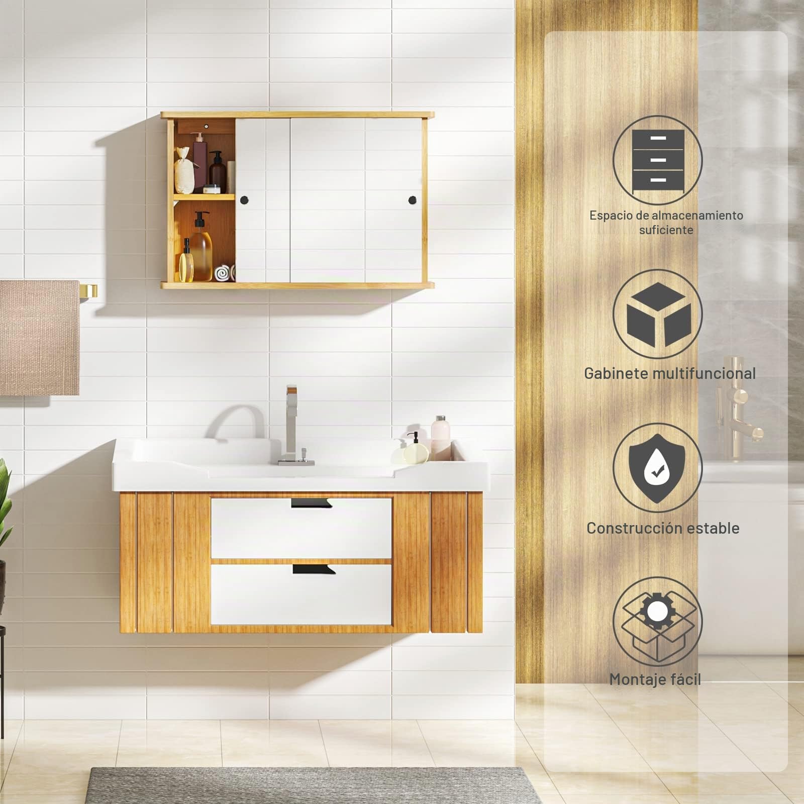 EUGAD Armario de Pared para Baño con 2 Estantes Interiores, Mueble Baño de Bambú, con Espejo y Estante Ajustable para Almacenamiento, Cocina y Dormitorio, 55x14x35,5 cm