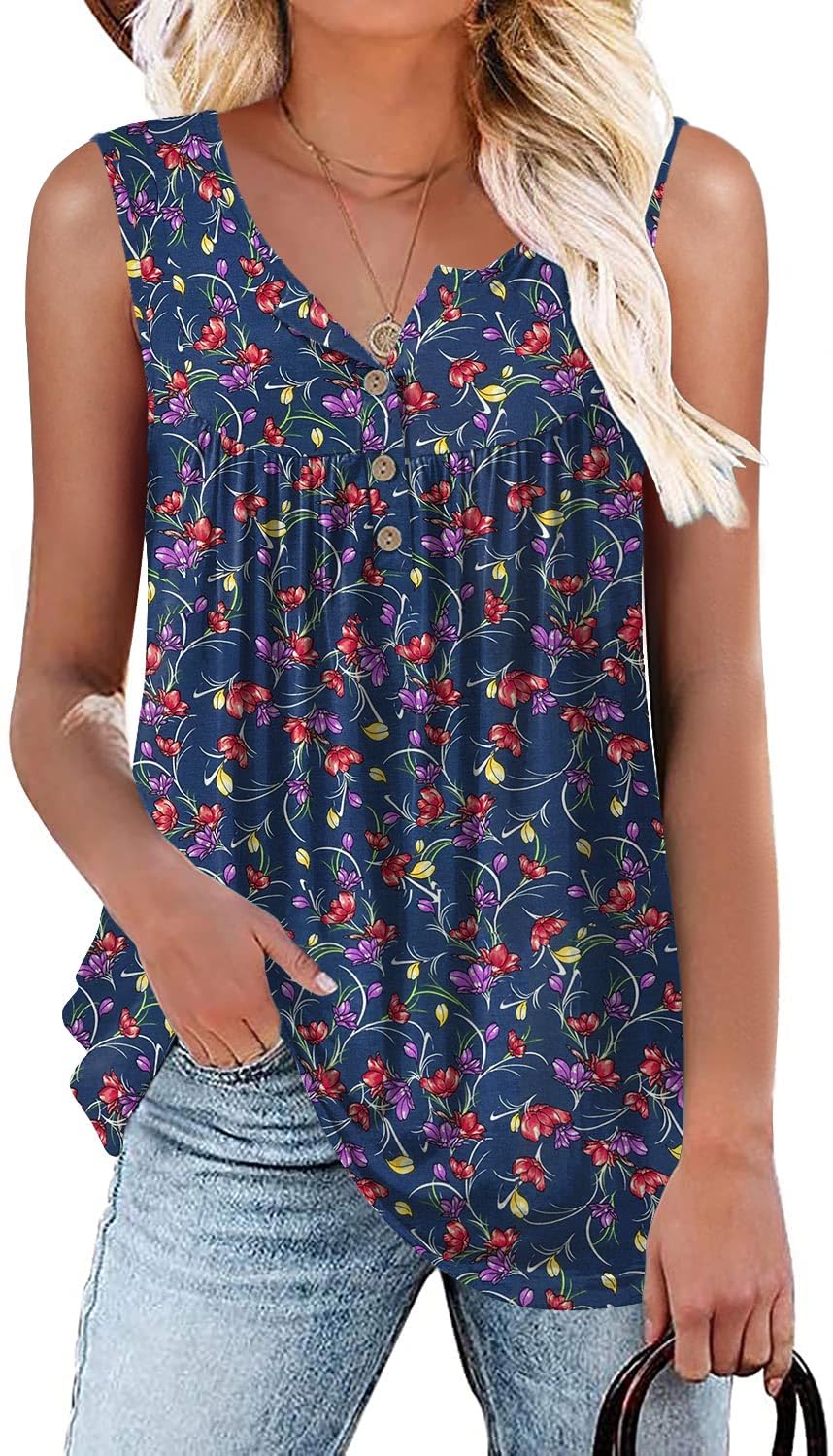 AodemoWomen's Summer Casual Sleeveless Henley V Neck Tunic Ladies Button Up Tops Flowy Shirts Loose Blouse