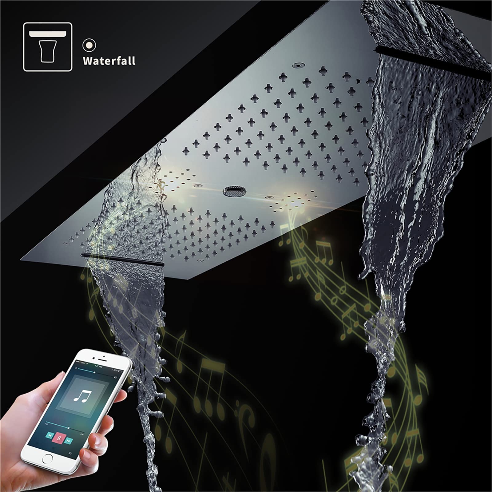 LED Música Rociador Ducha 90x30cm Cromado Alcachofas Fijas para Ducha 4 Funciones 64 Colores Alcachofa de Ducha Rectangular 304 Acero Inoxidable Cabezal de Ducha Lluvia,Touch Control