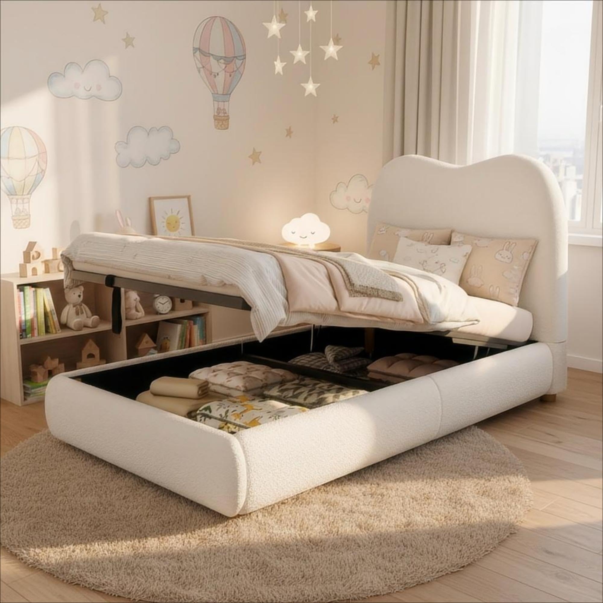 Letto Tessile 90x200cm con Sommier a doghe stabili e Struttura Letto Singolo fissa in metallo boucle mdf con cassone idraulico spalliera moderna camera casa Beige
