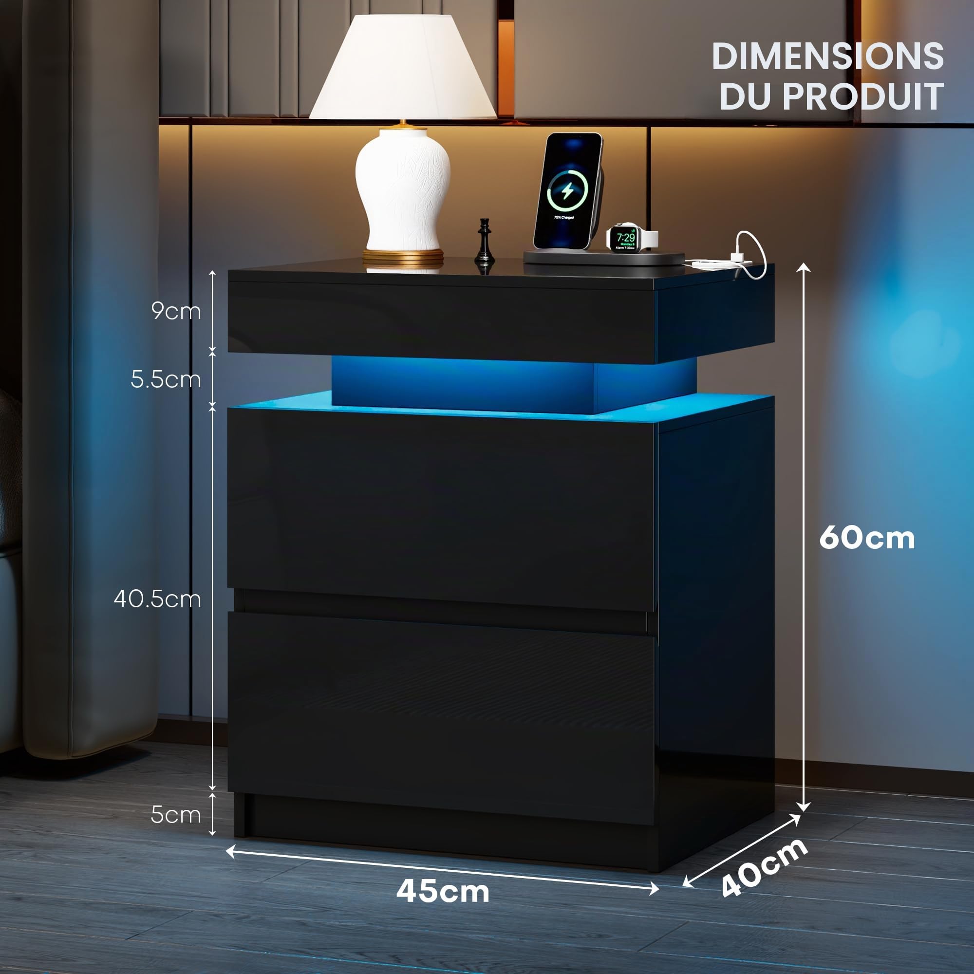 Vlsrka Table de Chevet, Couvercle Coulissant Tiroir, Capteurs Intelligents