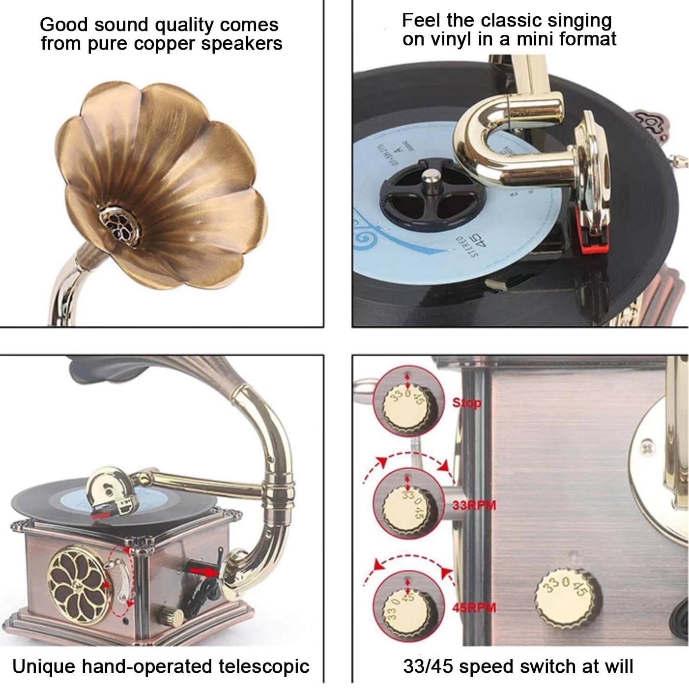 Mini Giradischi Grammofono Retrò, Giradischi In Vinile Wireless, Bluetooth 4.2/ingresso Audio Esterno/lettura E Riproduzione USB, Velocità 33/45 Regolabile,per L'arredamento Della Casa E Del Soggiorno