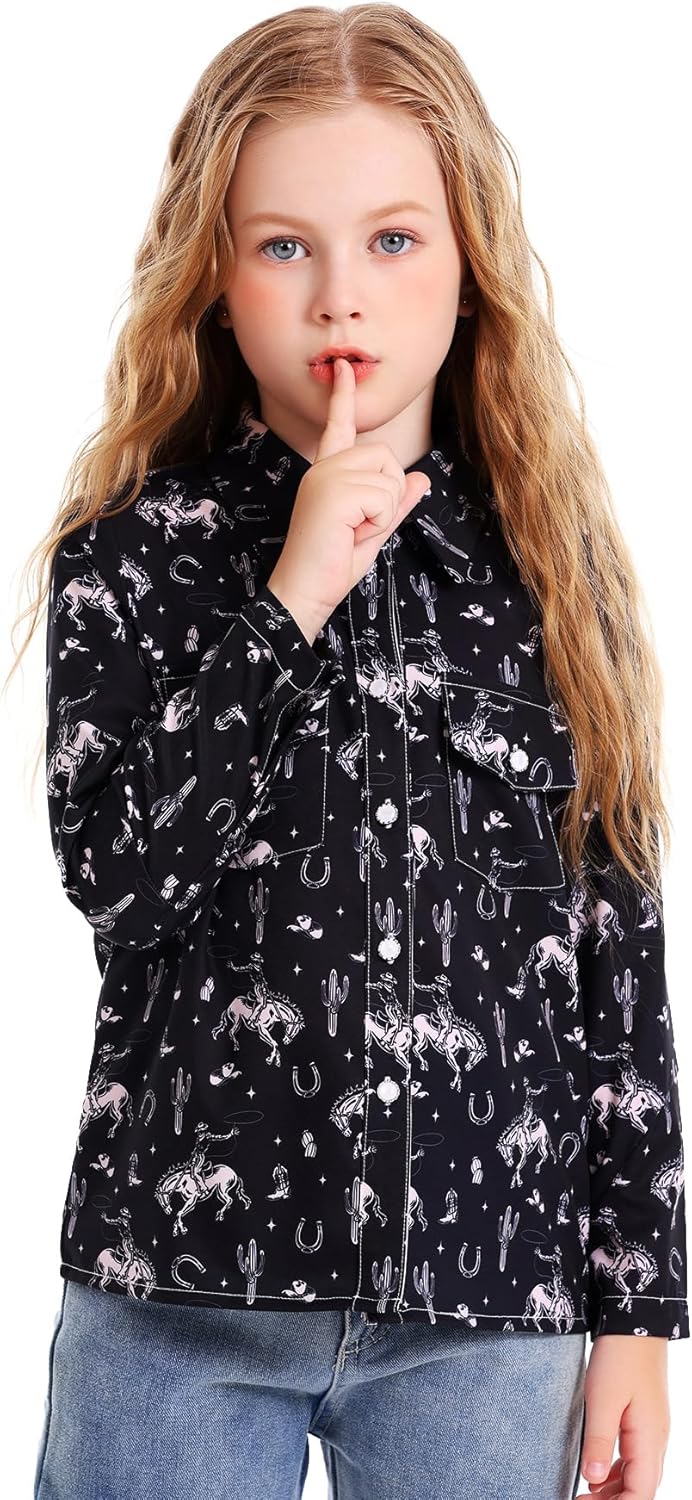 Girls Western Shirt Long Sleeve Collared Retro Button Down Shirts for Teen Cowboy Style Country Outfit - Image 3