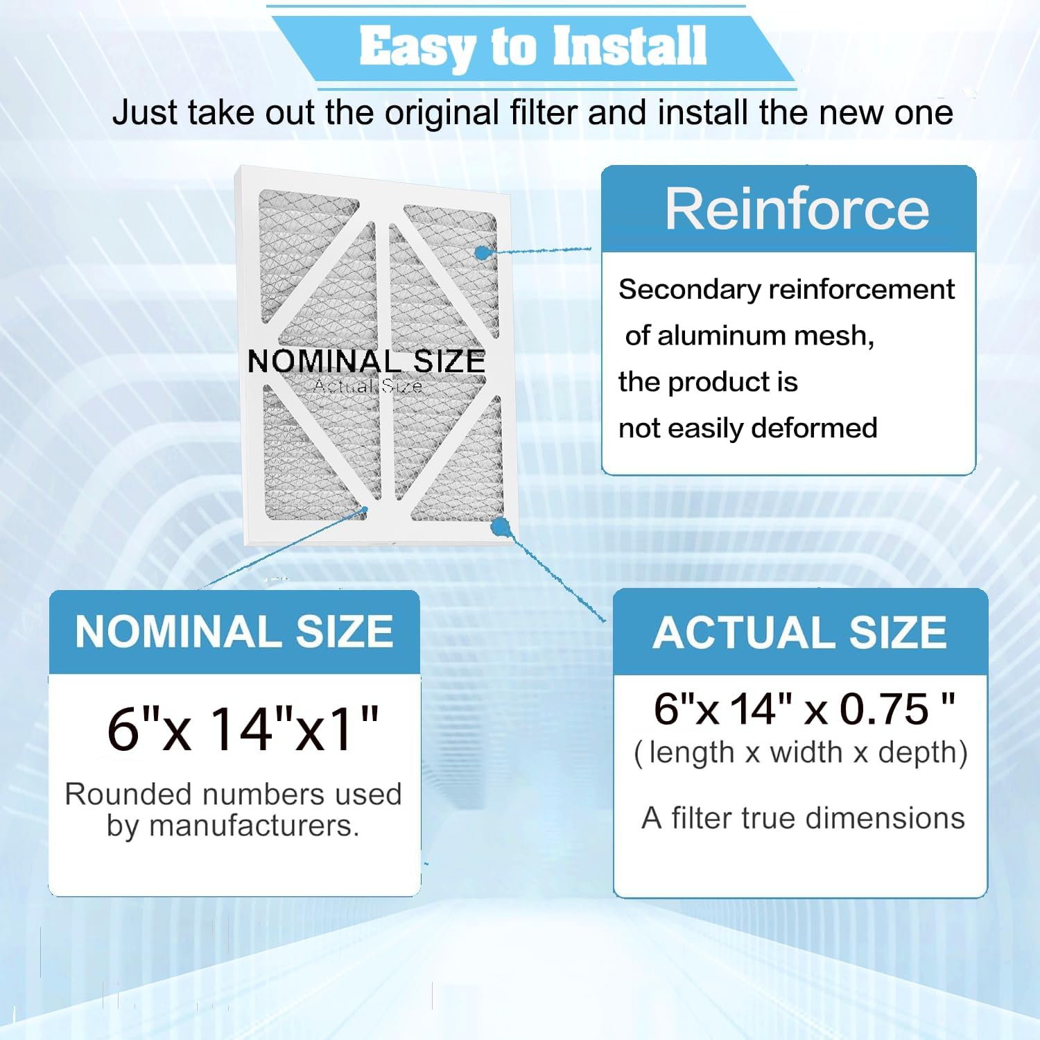 Upgraded 6x14x1 MERV 13 furnace replacement filter,household air conditioning and air conditioning HVAC filter replacement,6 pack
