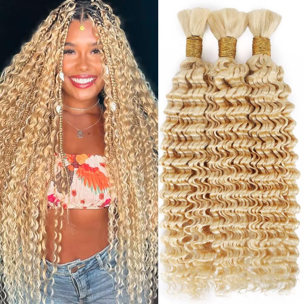 Human Braiding Hair for Boho Braids 150g 24 Inch 613 Blonde Brown Curly Boho Hair for Braiding Knotless 12A Deep Wave Bulk Bohemian 3 Bundles/Pack